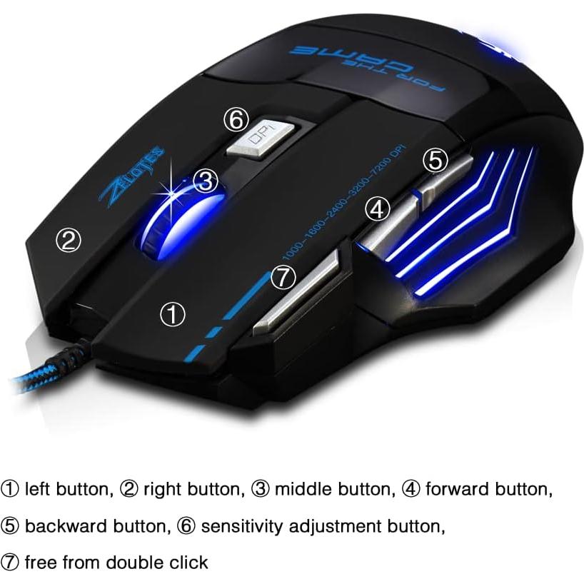 Mouse Gaming con Cable Zelotes T80, 7200 DPI, 7 Botones, LED