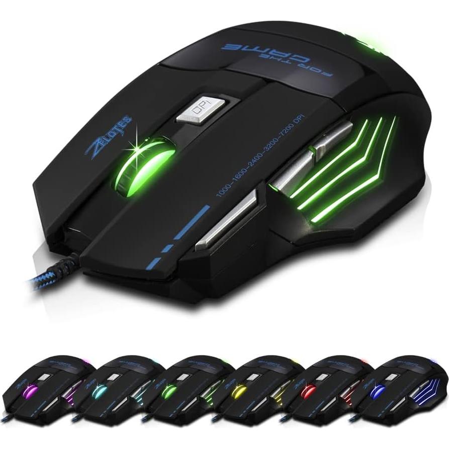 Mouse Gaming con Cable Zelotes T80, 7200 DPI, 7 Botones, LED