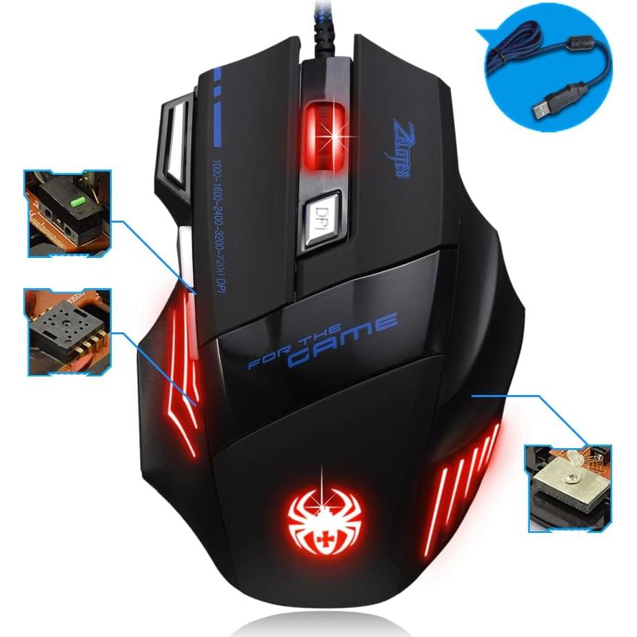 Mouse Gaming con Cable Zelotes T80, 7200 DPI, 7 Botones, LED