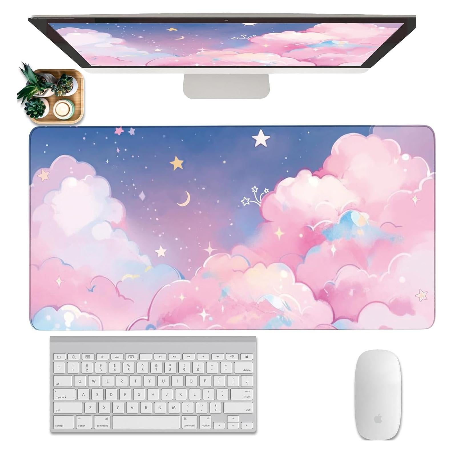 Alfombrilla de Ratón WFCYGL Nube Rosa Estrellas Grande 80x40cm