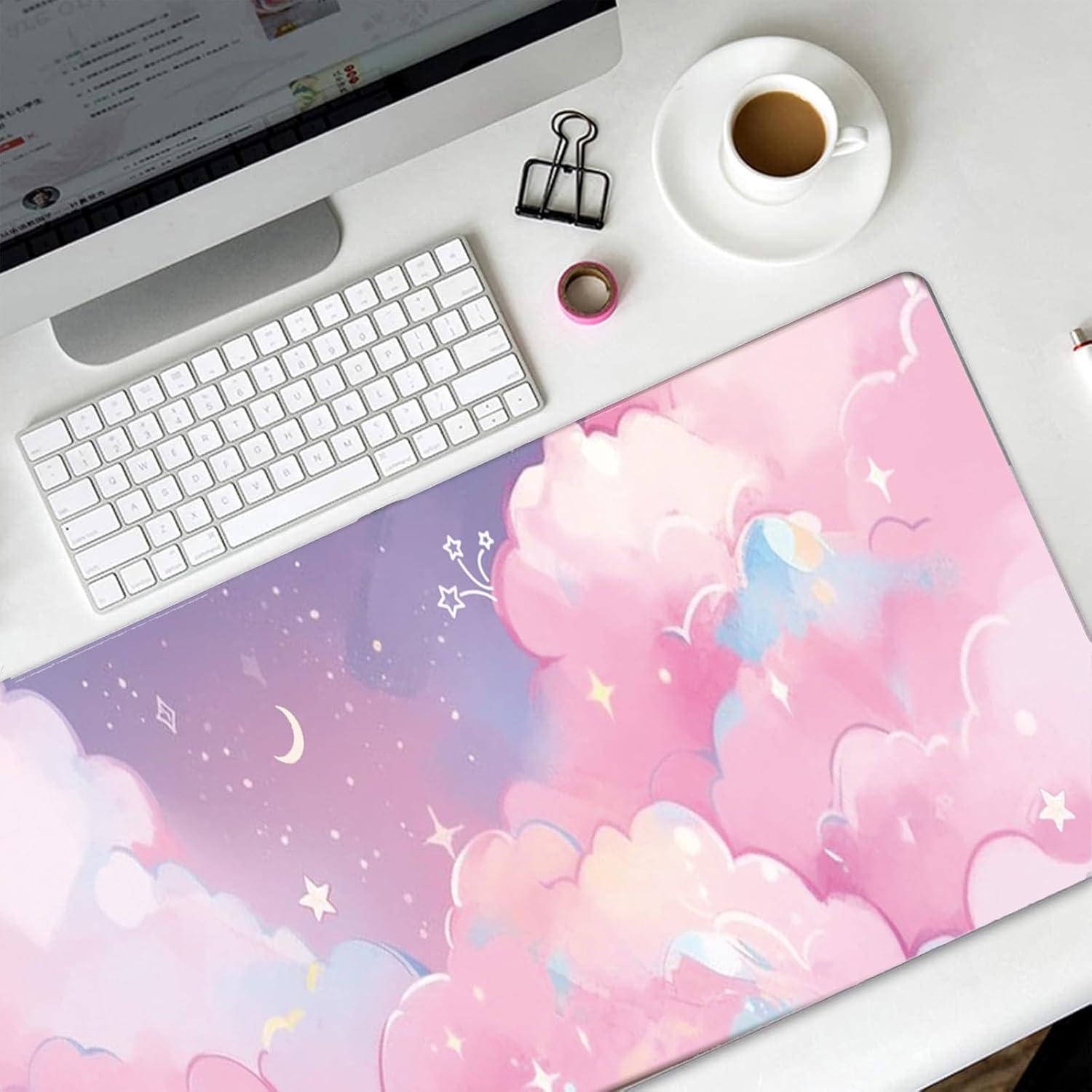 Alfombrilla de Ratón WFCYGL Nube Rosa Estrellas Grande 80x40cm