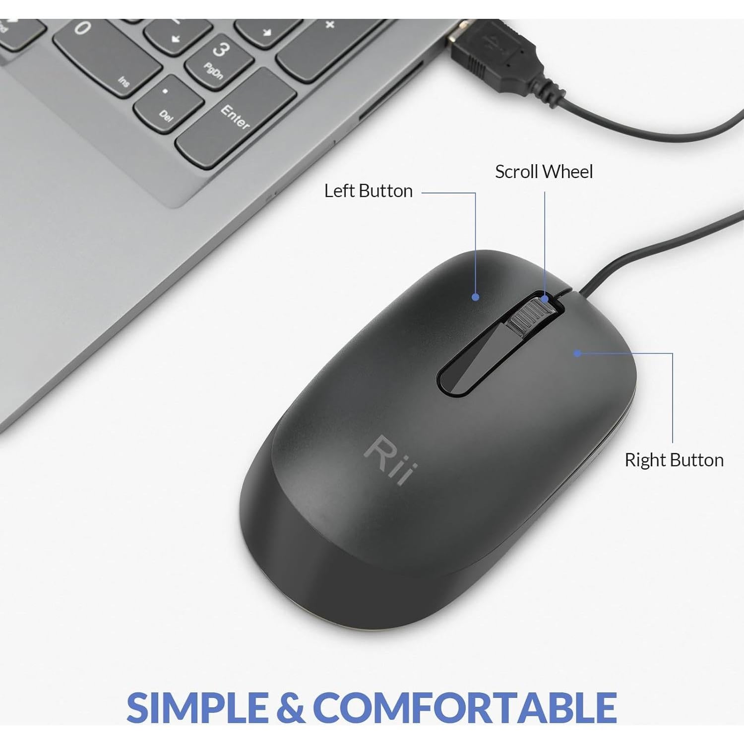 Ratón USB con Cable Rii 1200 DPI Compacto y Silencioso