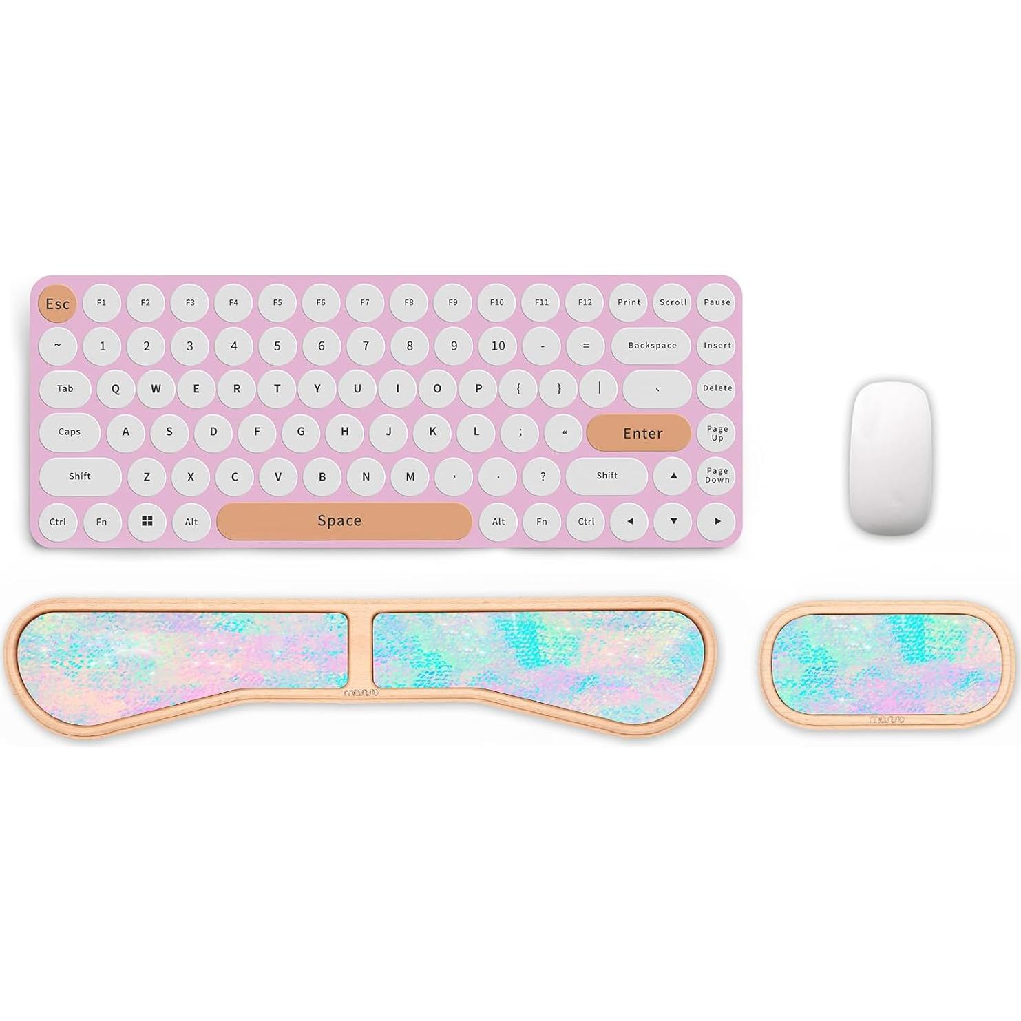 MOSISO Keyboard Wrist Rest Set with Wooden Base&Memory Foam, Ergonomic Keyboard Mouse Wrist Rest Support for Typing, Gaming Pain Relief Pad for Home & Office, Glitter Dazzling Painting