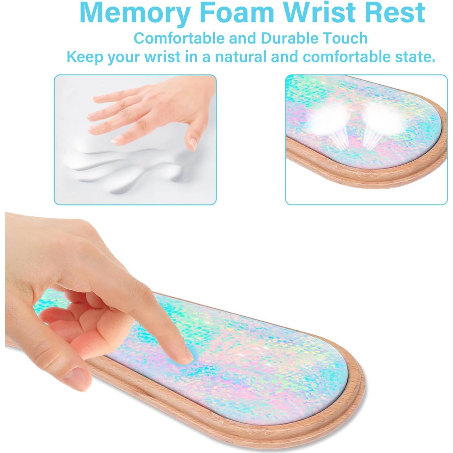 MOSISO Keyboard Wrist Rest Set with Wooden Base&Memory Foam, Ergonomic Keyboard Mouse Wrist Rest Support for Typing, Gaming Pain Relief Pad for Home & Office, Glitter Dazzling Painting