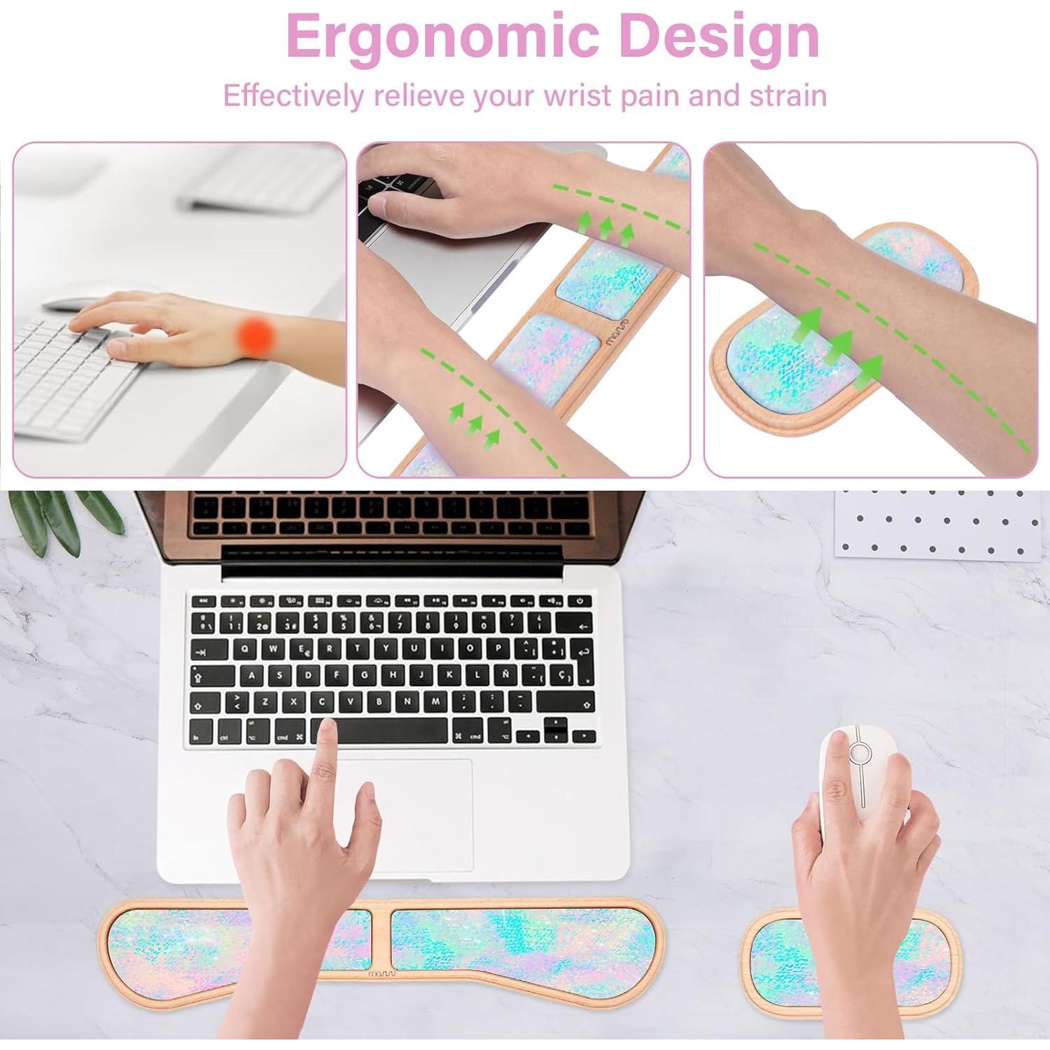 MOSISO Keyboard Wrist Rest Set with Wooden Base&Memory Foam, Ergonomic Keyboard Mouse Wrist Rest Support for Typing, Gaming Pain Relief Pad for Home & Office, Glitter Dazzling Painting