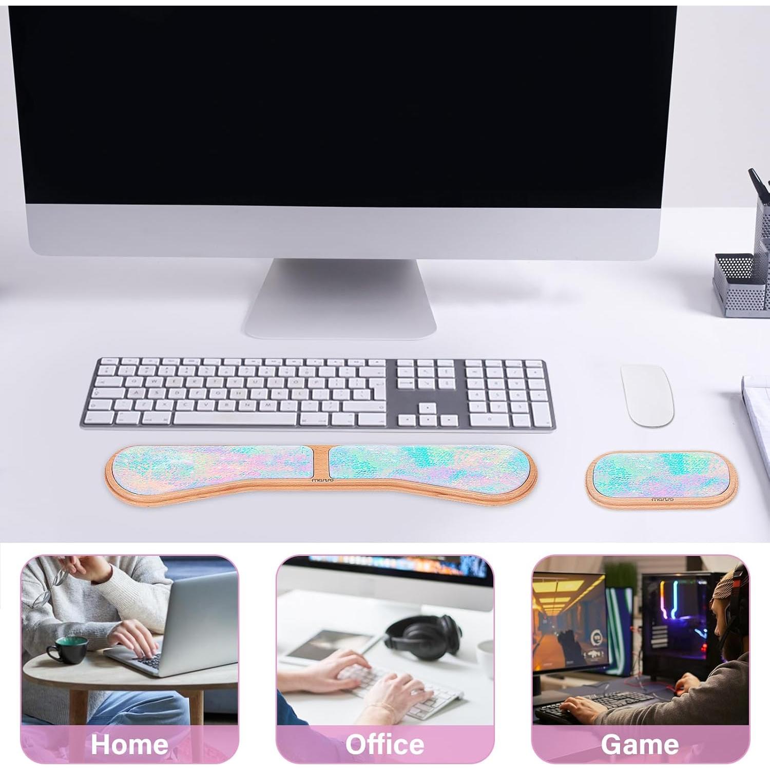MOSISO Keyboard Wrist Rest Set with Wooden Base&Memory Foam, Ergonomic Keyboard Mouse Wrist Rest Support for Typing, Gaming Pain Relief Pad for Home & Office, Glitter Dazzling Painting