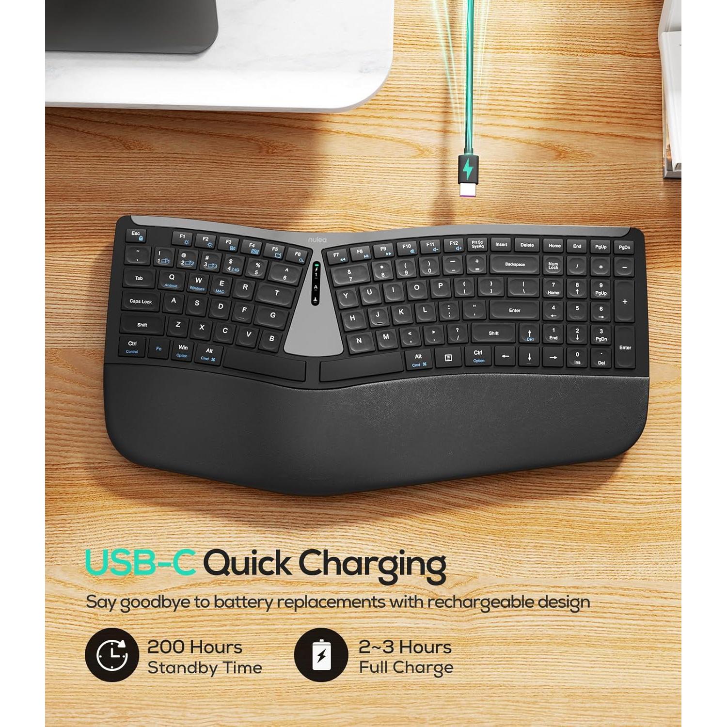 Teclado Ergonómico Inalámbrico Nulea RT07B - Conectividad Bluetooth y USB-C