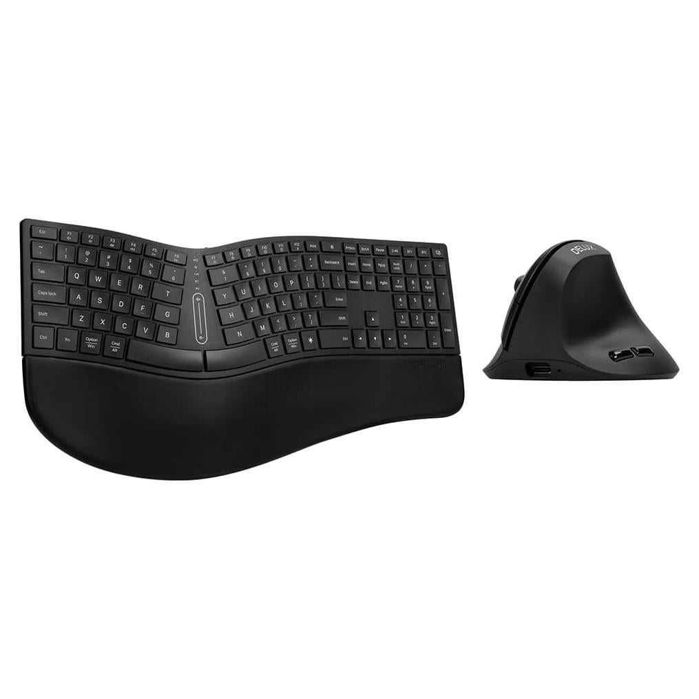 DeLUX Full Size Backlit Ergonomic Keyboard with Voume Control and M618AIR Wireless Vertical Mouse Combo Black