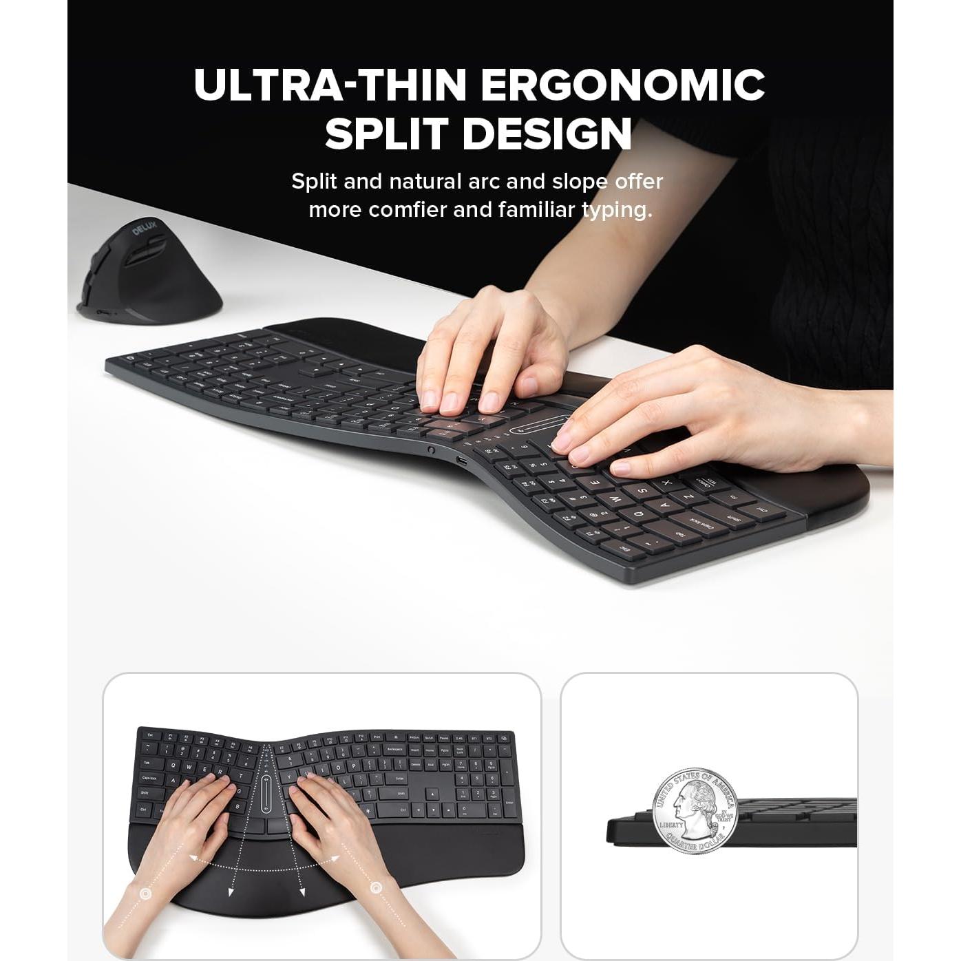 DeLUX Full Size Backlit Ergonomic Keyboard with Voume Control and M618AIR Wireless Vertical Mouse Combo Black