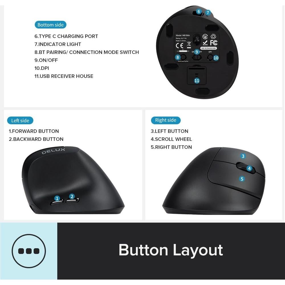 DeLUX Full Size Backlit Ergonomic Keyboard with Voume Control and M618AIR Wireless Vertical Mouse Combo Black