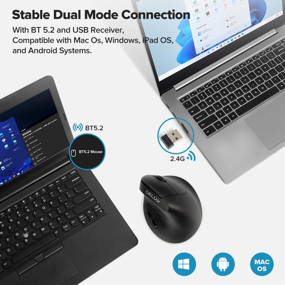 DeLUX Full Size Backlit Ergonomic Keyboard with Voume Control and M618AIR Wireless Vertical Mouse Combo Black