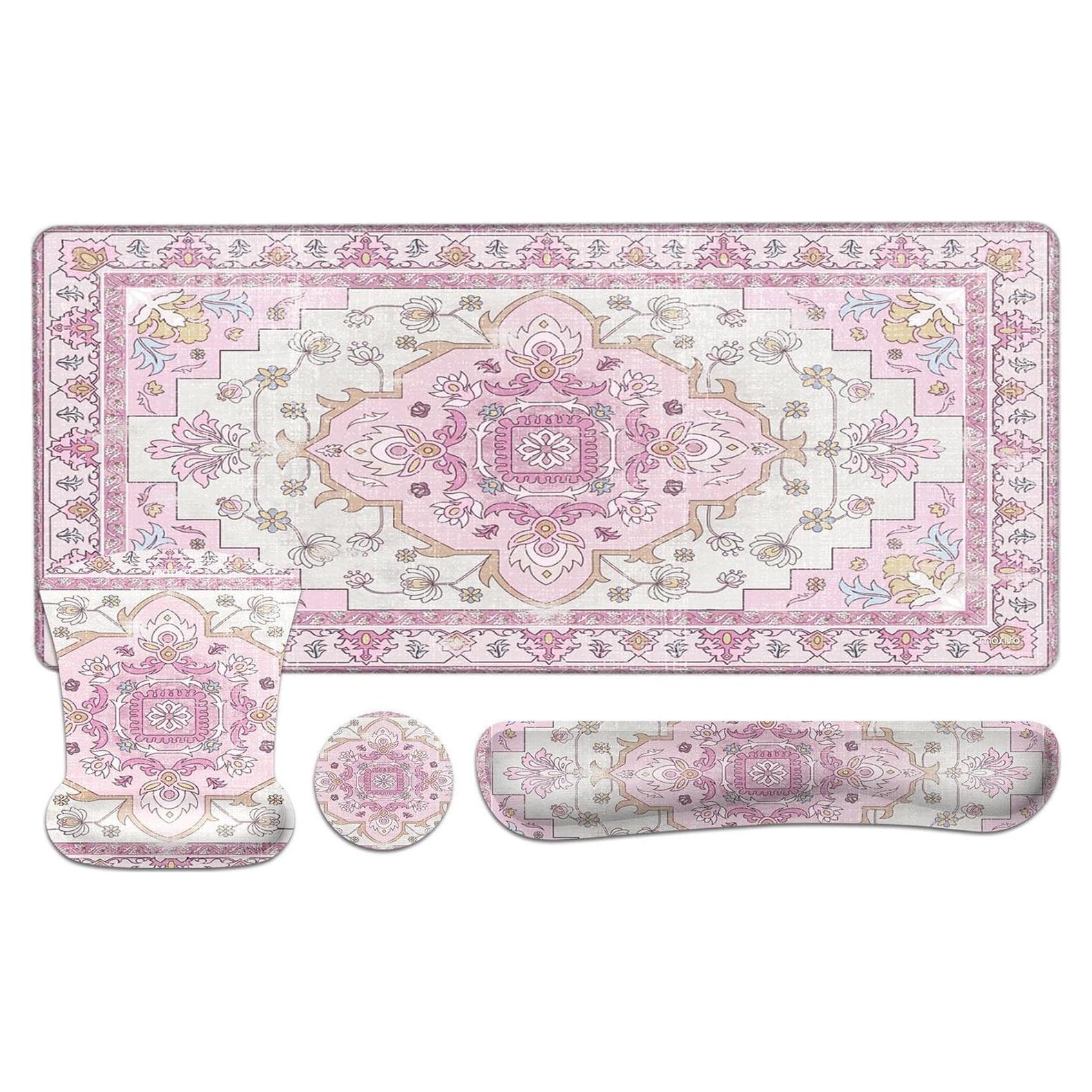 MOSISO Desk Pad Mat Keyboard Mouse Pad Set,Large Mouse Pad&Keyboard Wrist Rest&Mouse Pad with Wrist Rest&Coaster,Vintage National Style Home Office Ergonomic Non-Slip Mousepad with Memory Foam, Pink