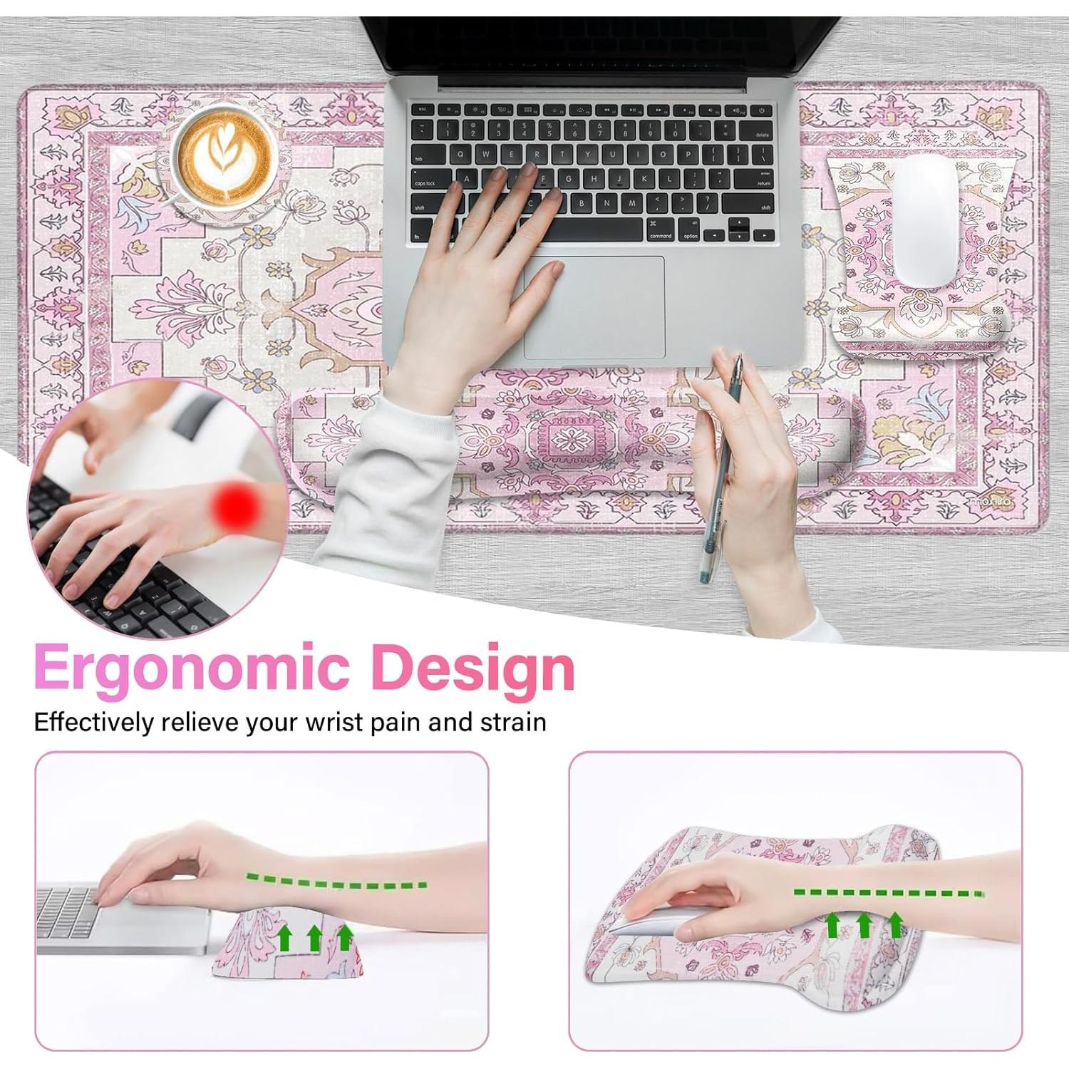 MOSISO Desk Pad Mat Keyboard Mouse Pad Set,Large Mouse Pad&Keyboard Wrist Rest&Mouse Pad with Wrist Rest&Coaster,Vintage National Style Home Office Ergonomic Non-Slip Mousepad with Memory Foam, Pink