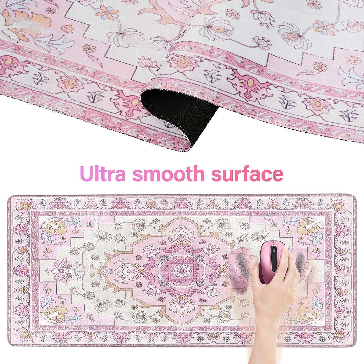 MOSISO Desk Pad Mat Keyboard Mouse Pad Set,Large Mouse Pad&Keyboard Wrist Rest&Mouse Pad with Wrist Rest&Coaster,Vintage National Style Home Office Ergonomic Non-Slip Mousepad with Memory Foam, Pink