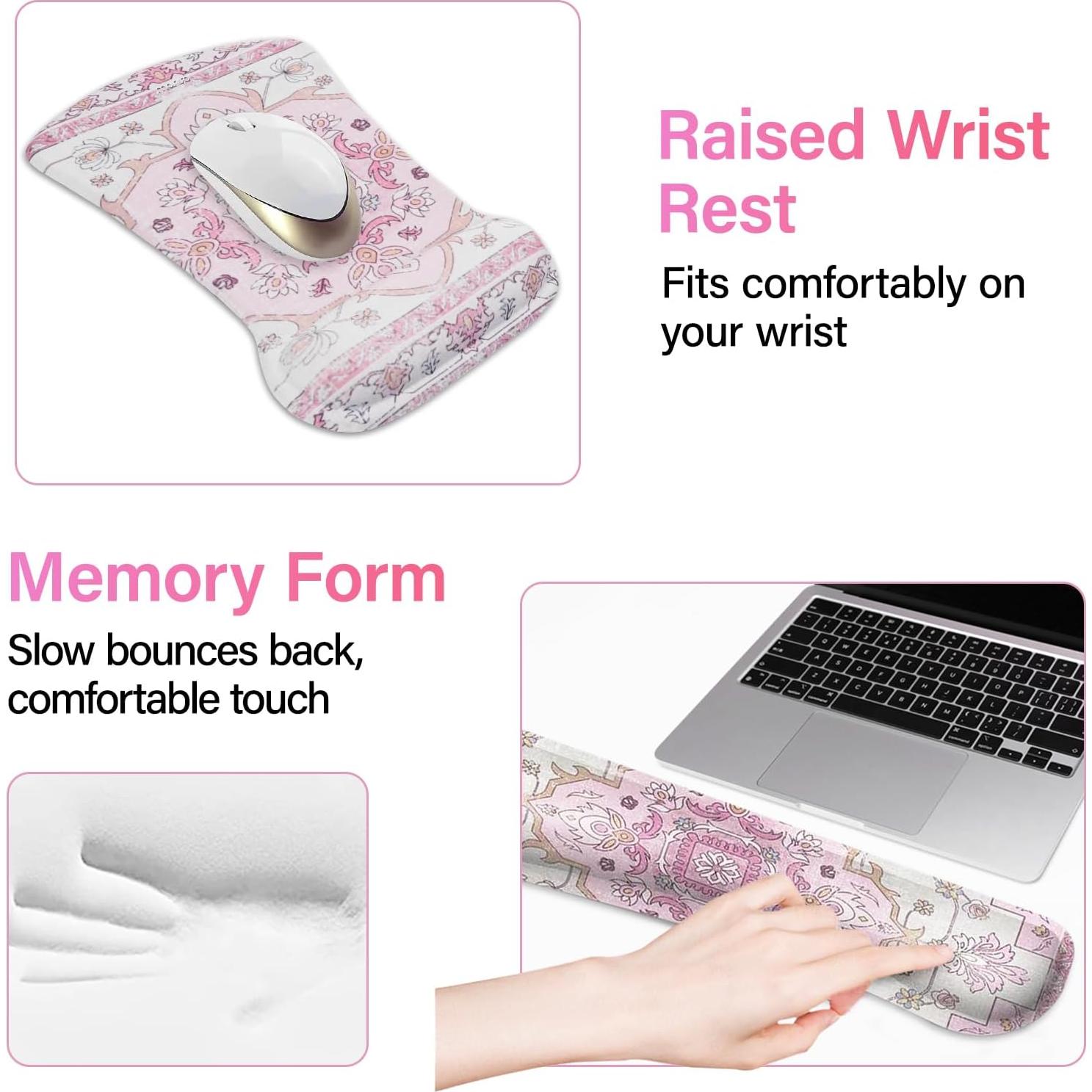 MOSISO Desk Pad Mat Keyboard Mouse Pad Set,Large Mouse Pad&Keyboard Wrist Rest&Mouse Pad with Wrist Rest&Coaster,Vintage National Style Home Office Ergonomic Non-Slip Mousepad with Memory Foam, Pink