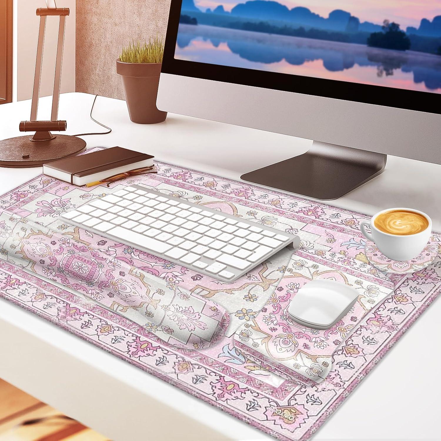 MOSISO Desk Pad Mat Keyboard Mouse Pad Set,Large Mouse Pad&Keyboard Wrist Rest&Mouse Pad with Wrist Rest&Coaster,Vintage National Style Home Office Ergonomic Non-Slip Mousepad with Memory Foam, Pink