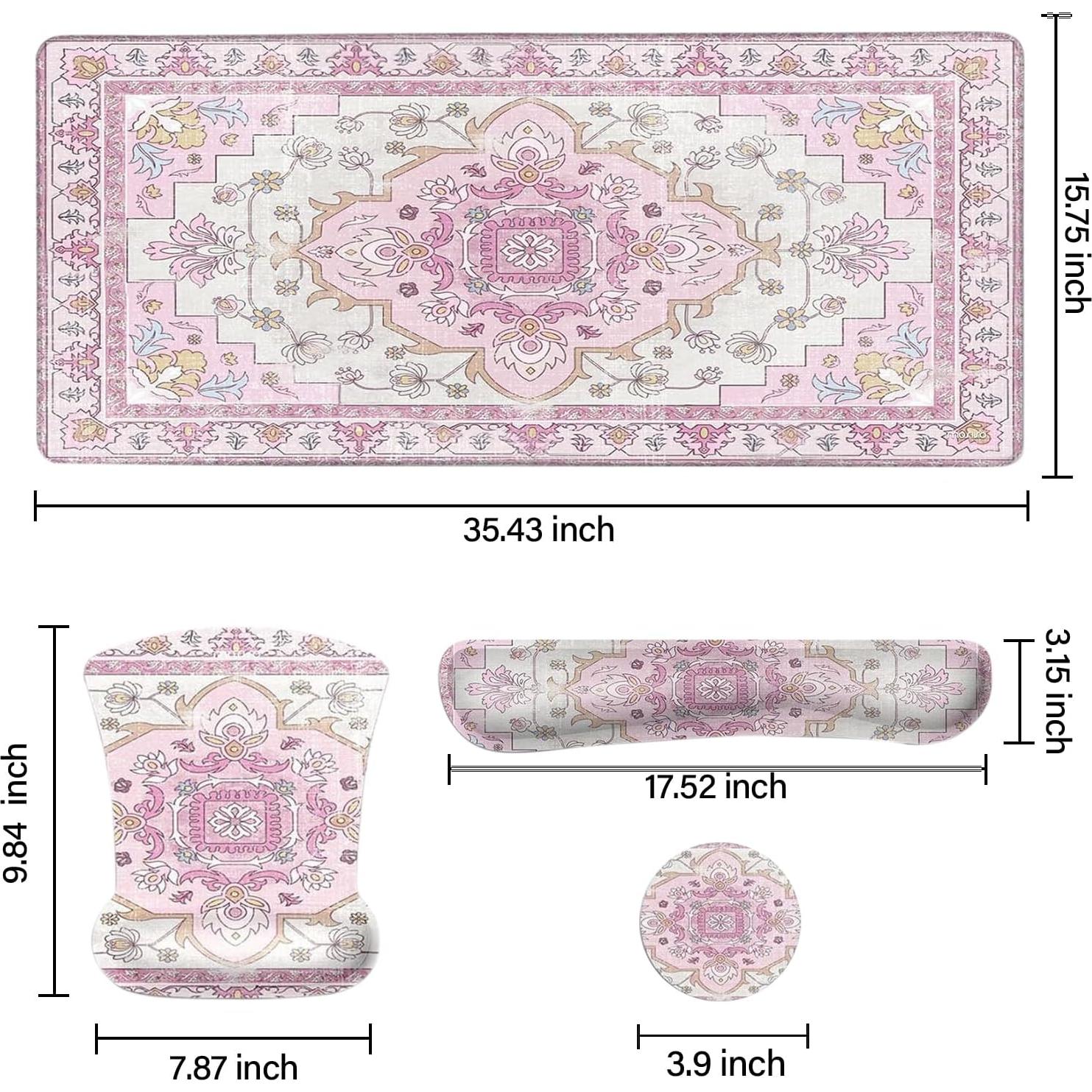 MOSISO Desk Pad Mat Keyboard Mouse Pad Set,Large Mouse Pad&Keyboard Wrist Rest&Mouse Pad with Wrist Rest&Coaster,Vintage National Style Home Office Ergonomic Non-Slip Mousepad with Memory Foam, Pink