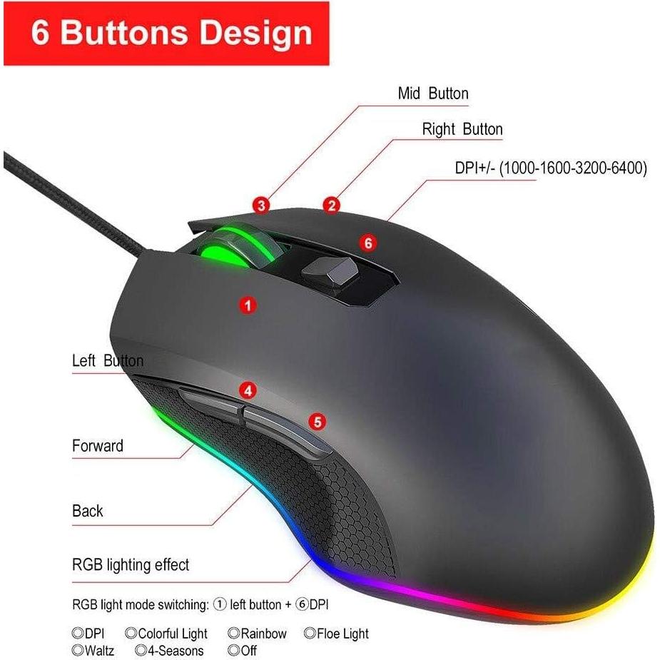Ratón Gaming Live4Gadgets USB Ergonómico 6400DPI RGB