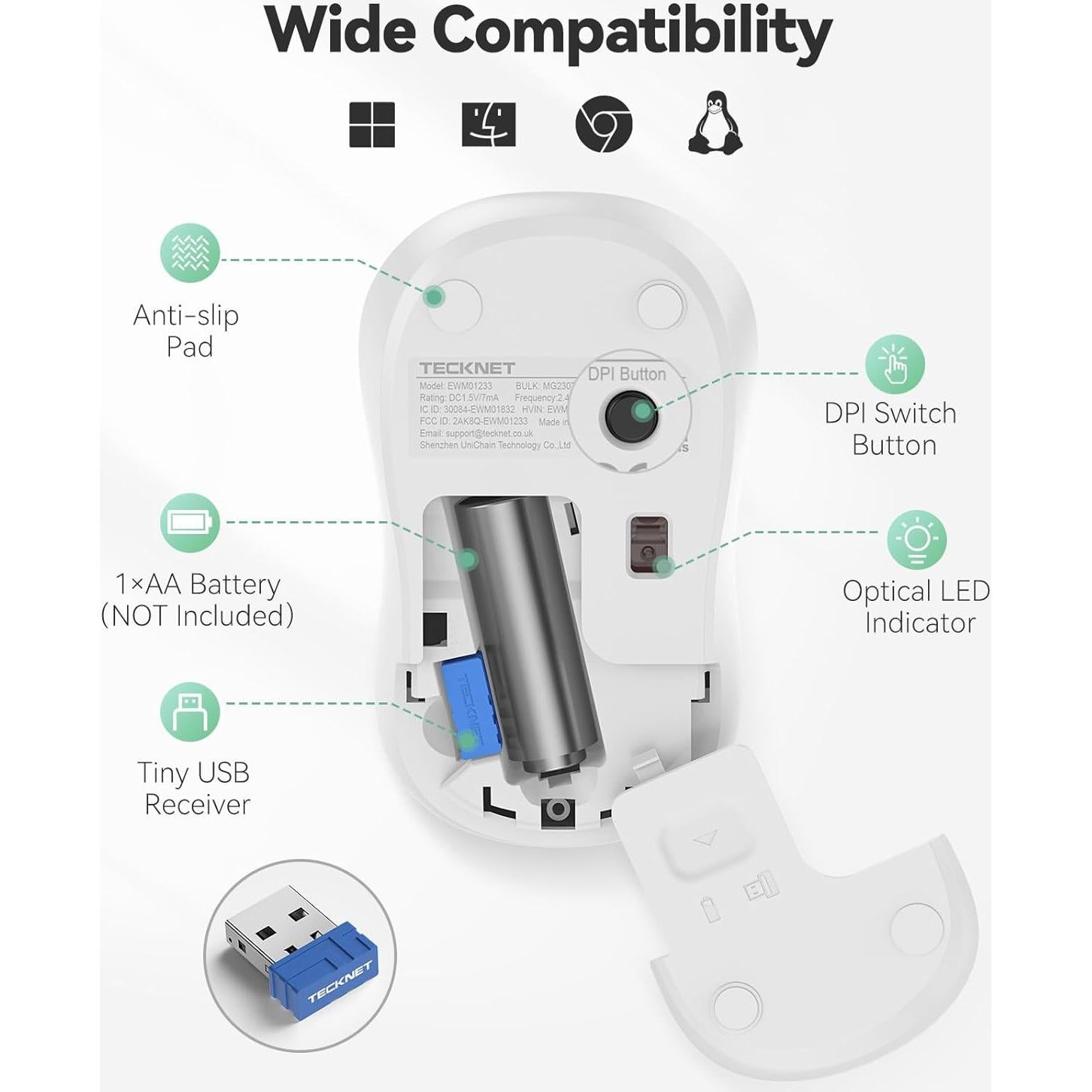 Ratón Inalámbrico TECKNET Blanco, Silencioso, 5 Niveles DPI