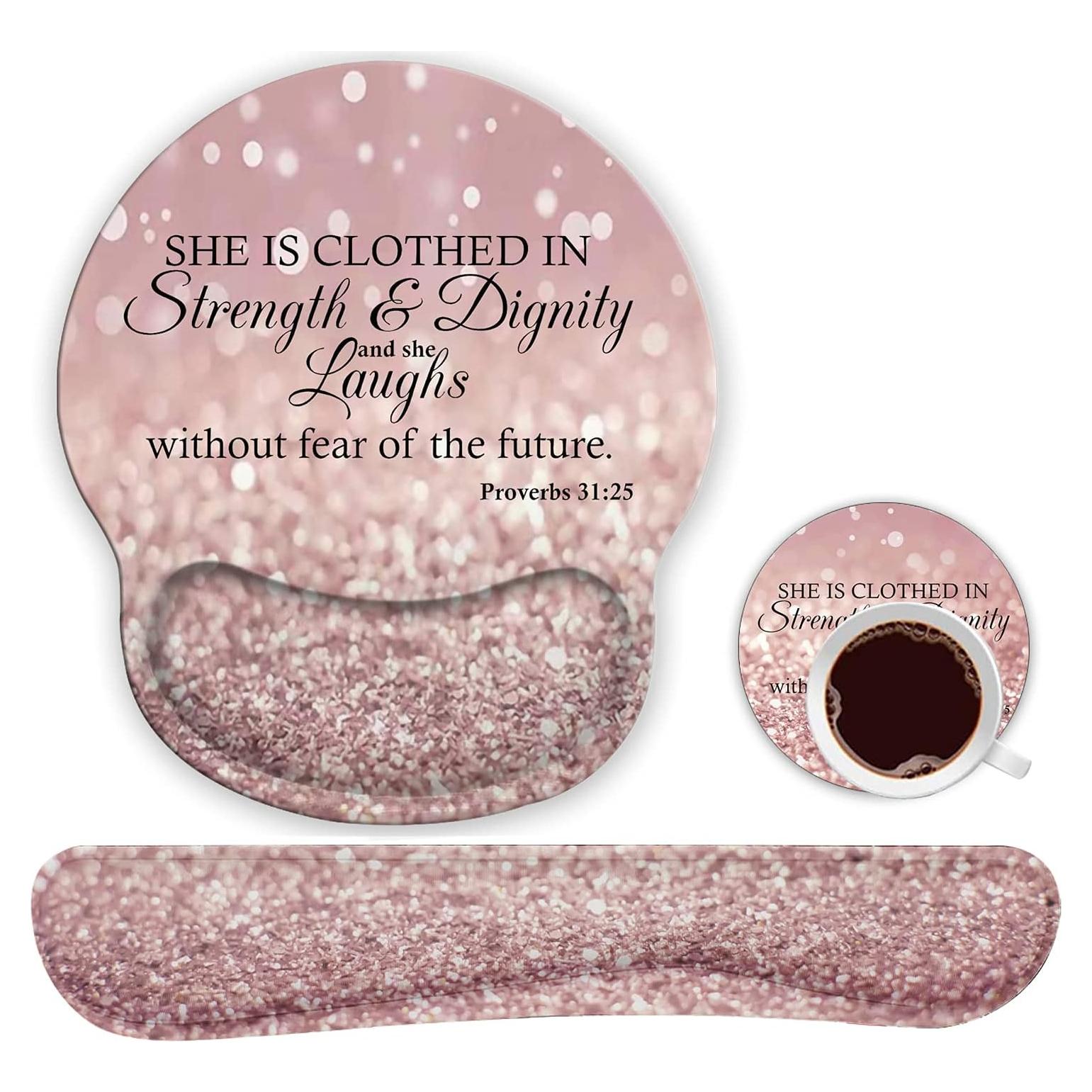 Ergonomic Mouse Pad Wrist Support Gel and Keyboard Wrist Rest Set for Laptop, Mac, Gaming and Office, Durable, Comfortable and Pain Relief + Coaster, Proverbs 31:25,Bible Verse Pink Glitter