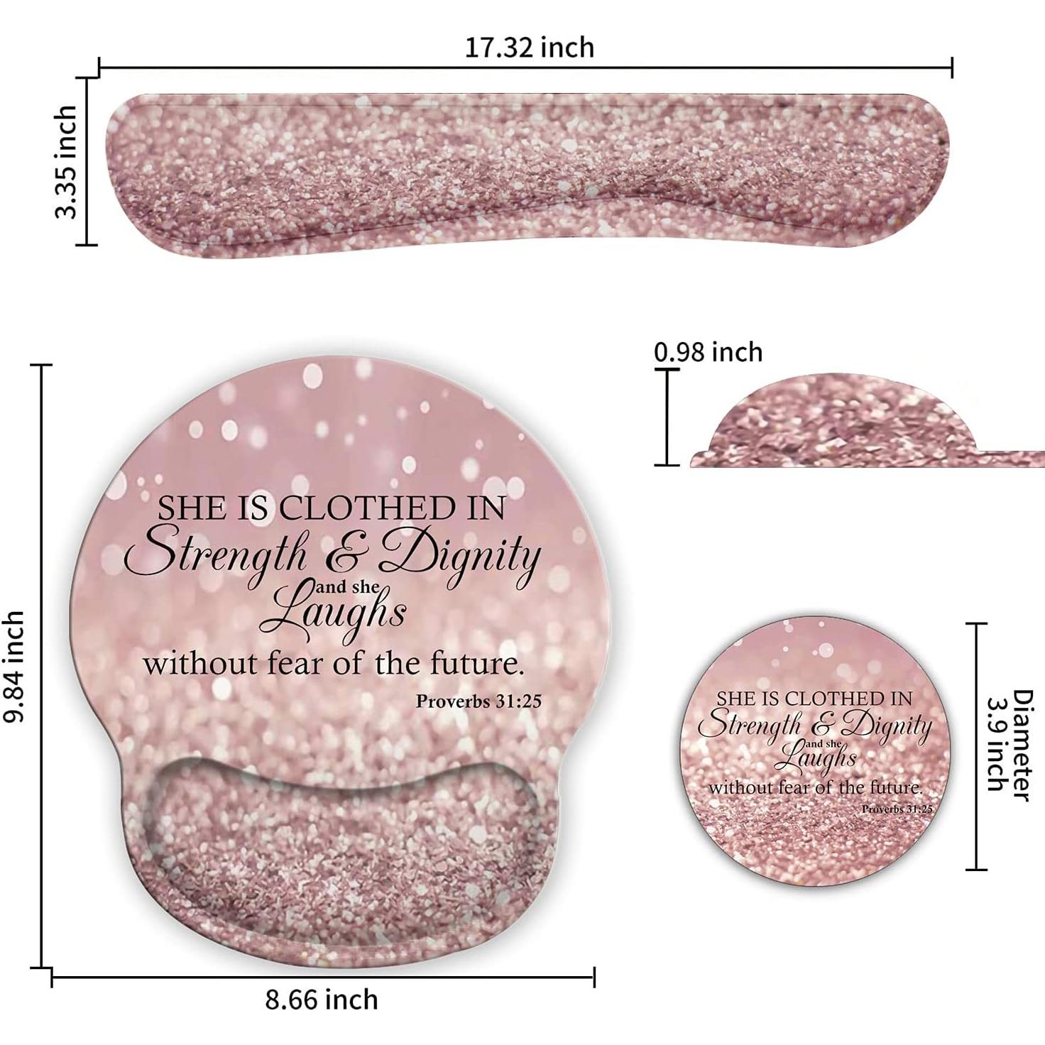 Ergonomic Mouse Pad Wrist Support Gel and Keyboard Wrist Rest Set for Laptop, Mac, Gaming and Office, Durable, Comfortable and Pain Relief + Coaster, Proverbs 31:25,Bible Verse Pink Glitter