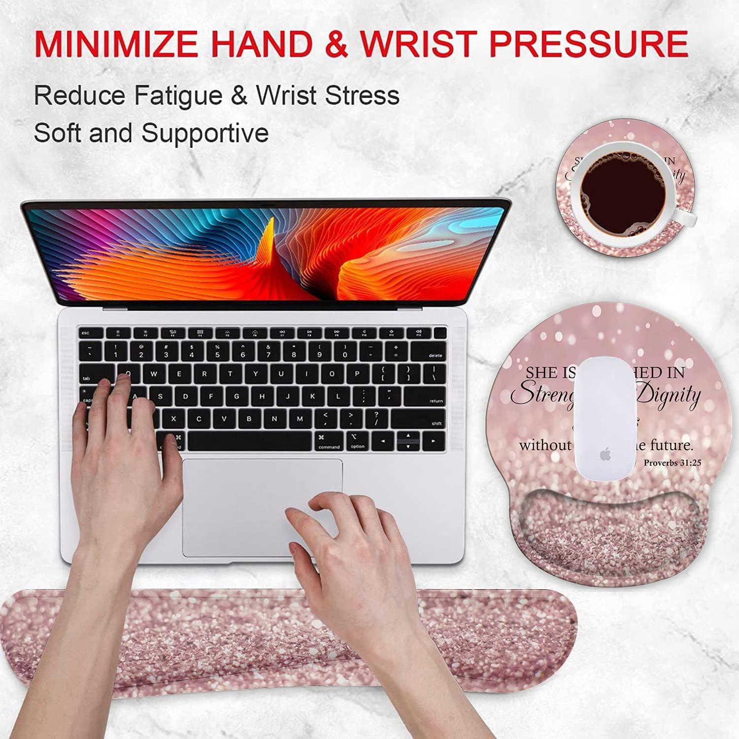 Ergonomic Mouse Pad Wrist Support Gel and Keyboard Wrist Rest Set for Laptop, Mac, Gaming and Office, Durable, Comfortable and Pain Relief + Coaster, Proverbs 31:25,Bible Verse Pink Glitter