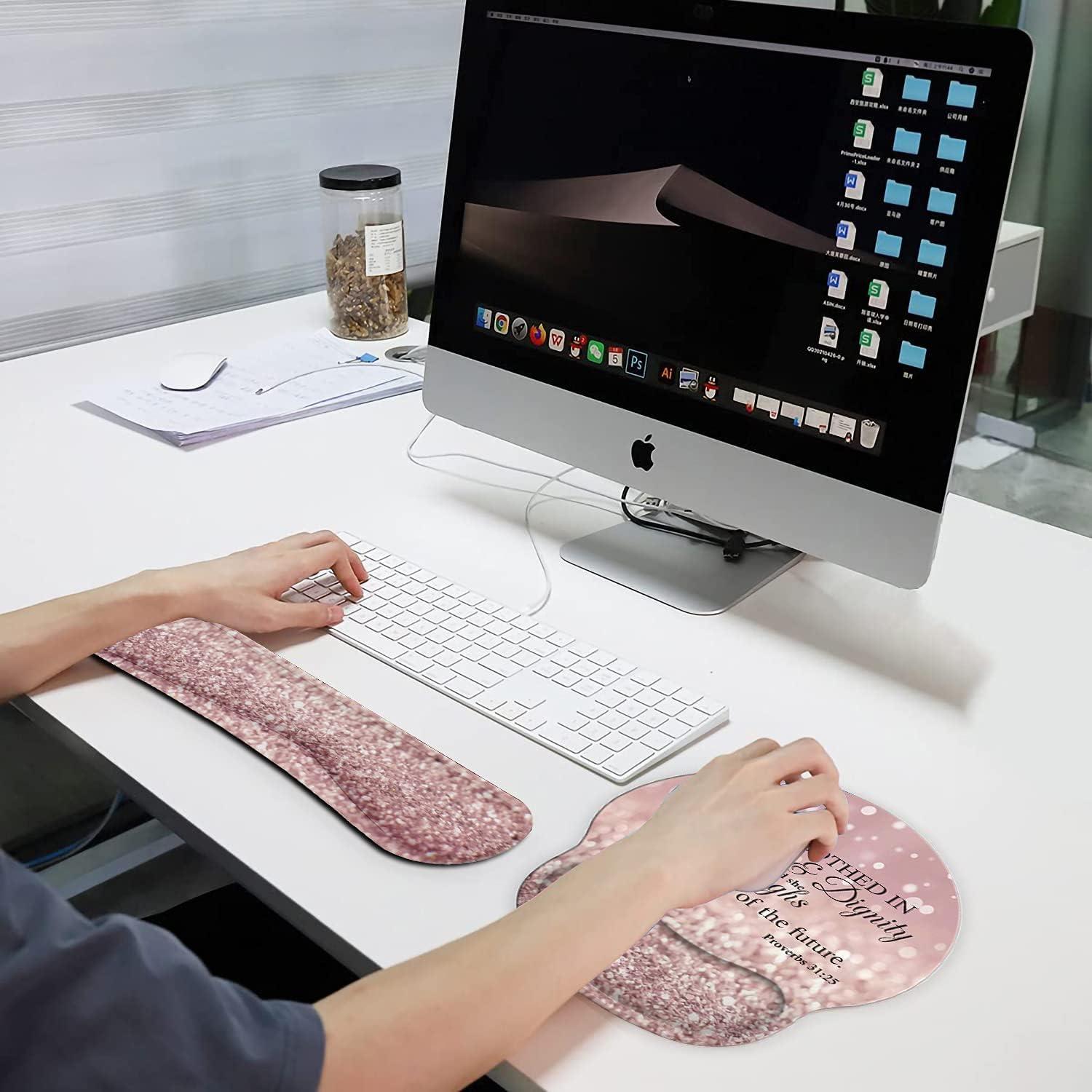 Ergonomic Mouse Pad Wrist Support Gel and Keyboard Wrist Rest Set for Laptop, Mac, Gaming and Office, Durable, Comfortable and Pain Relief + Coaster, Proverbs 31:25,Bible Verse Pink Glitter