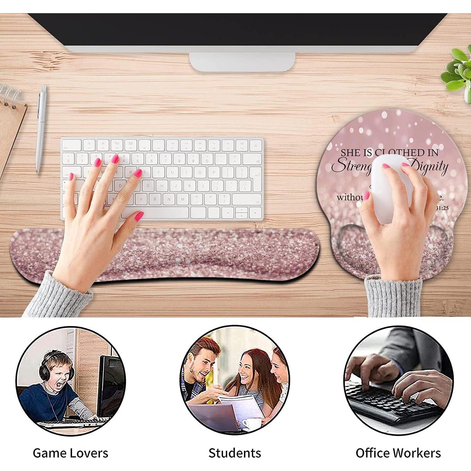 Ergonomic Mouse Pad Wrist Support Gel and Keyboard Wrist Rest Set for Laptop, Mac, Gaming and Office, Durable, Comfortable and Pain Relief + Coaster, Proverbs 31:25,Bible Verse Pink Glitter