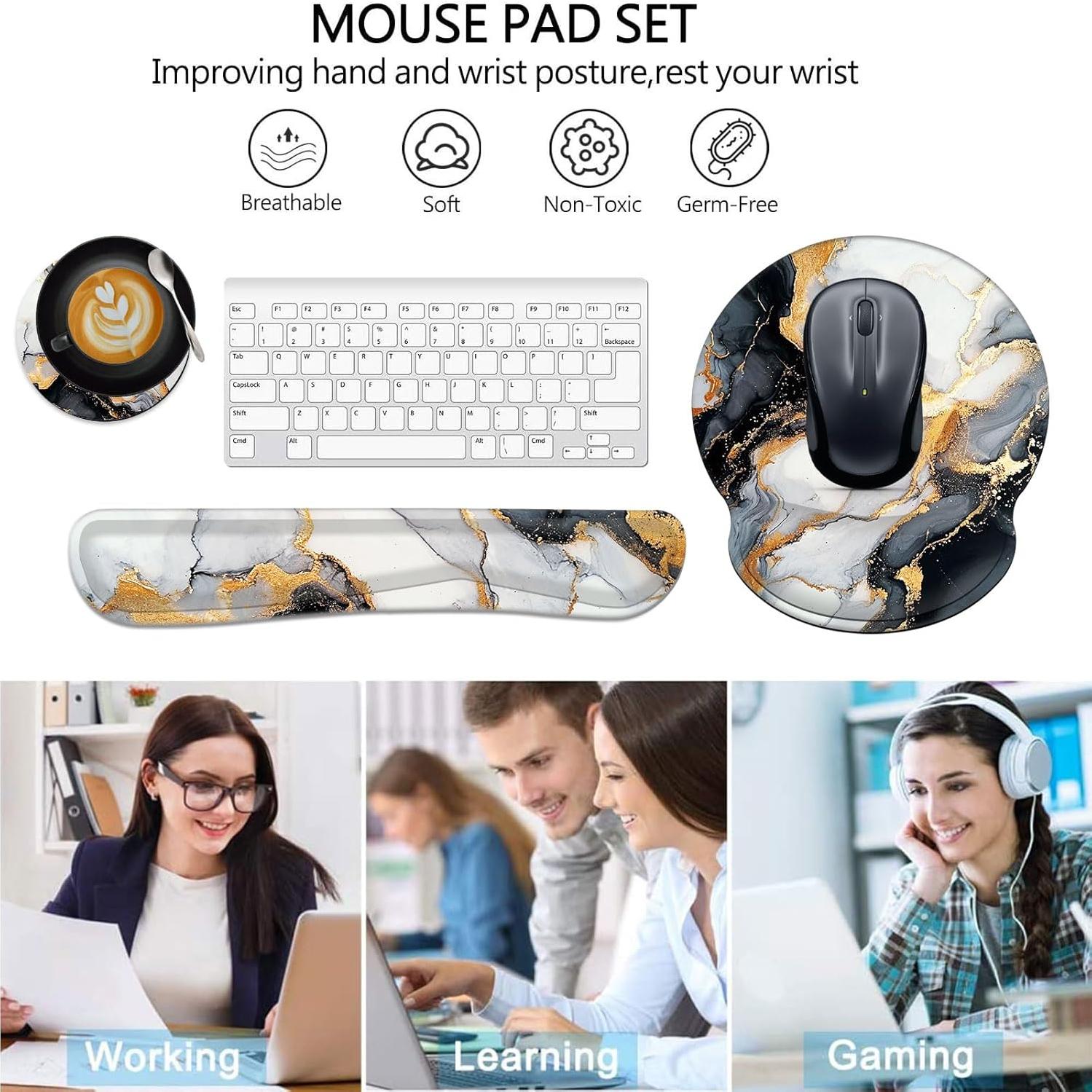 Juego de Reposamuñecas Ergonomico Wiaekosef - Mármol Negro y Dorado