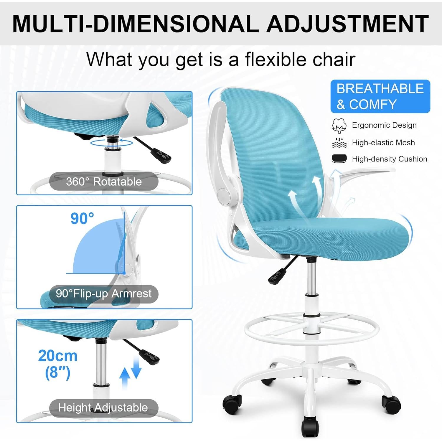 Silla de Dibujo Primy Ergonómica Azul con Reposabrazos Plegables