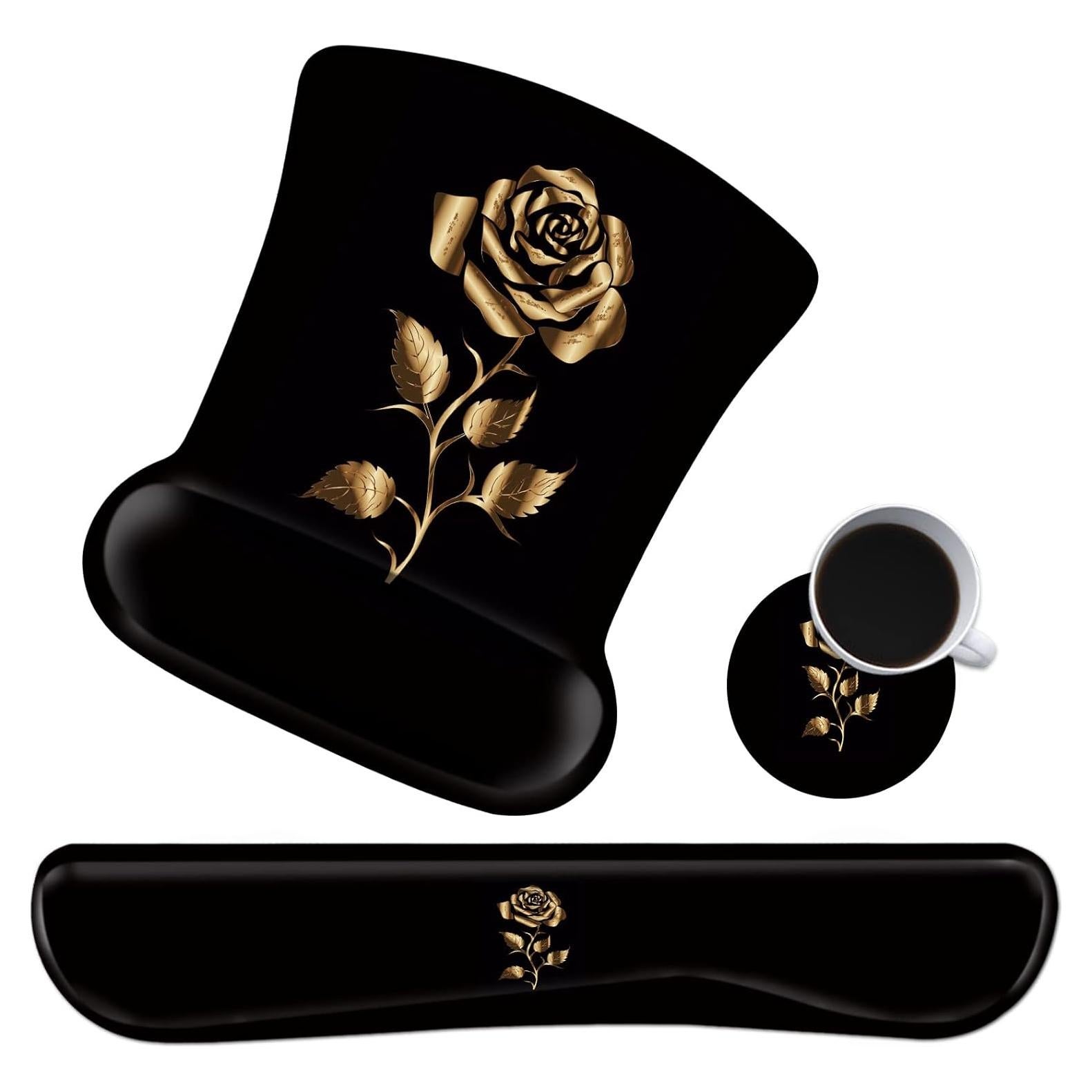 Keyboard Wrist Rest and Mouse Wrist Rest Pad Plus a Matching Coasters, Ergonomic Mousepad, Easy Typing and Relieve Wrist Pain for Computer, Laptop, Office, Gaming, Gold Rose