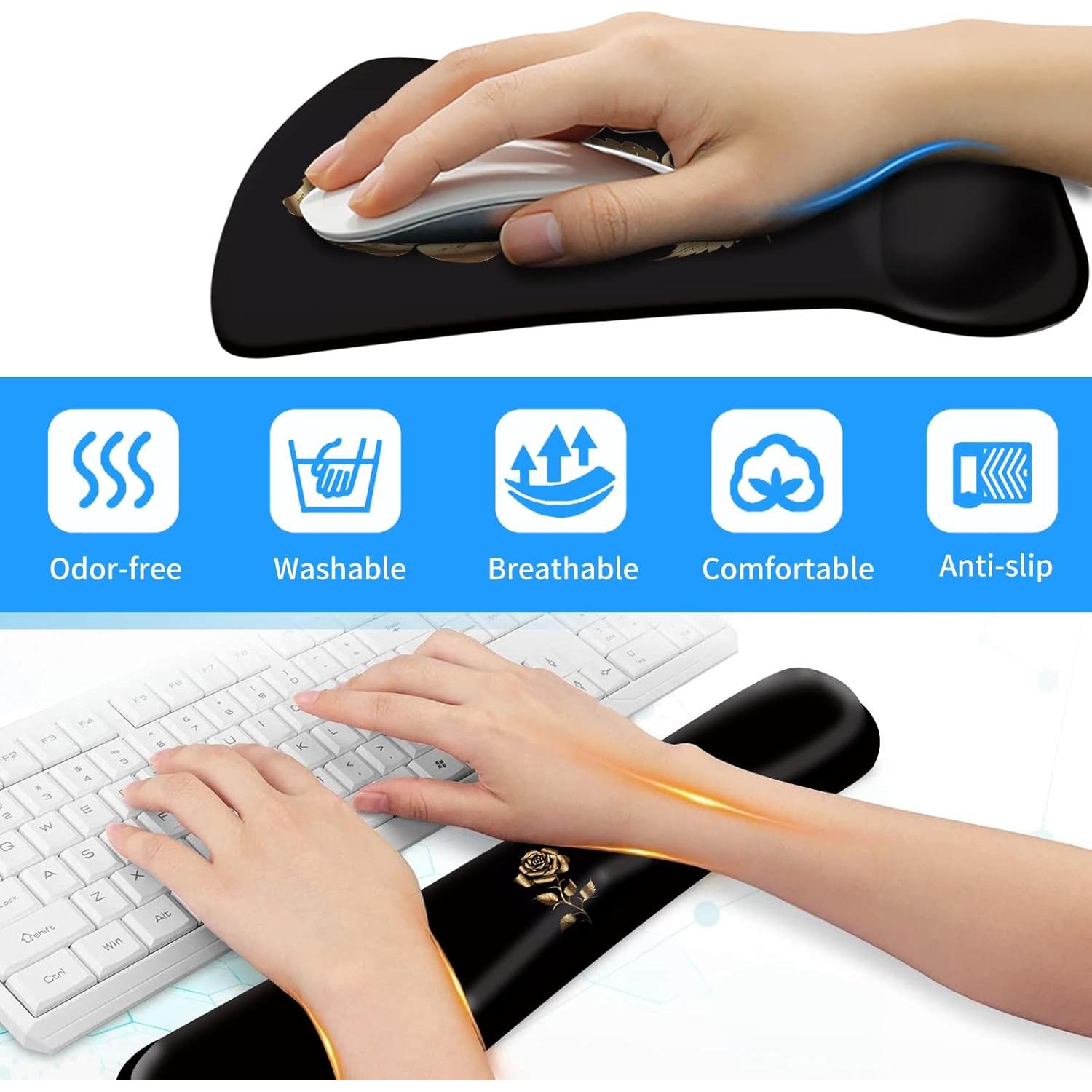 Keyboard Wrist Rest and Mouse Wrist Rest Pad Plus a Matching Coasters, Ergonomic Mousepad, Easy Typing and Relieve Wrist Pain for Computer, Laptop, Office, Gaming, Gold Rose
