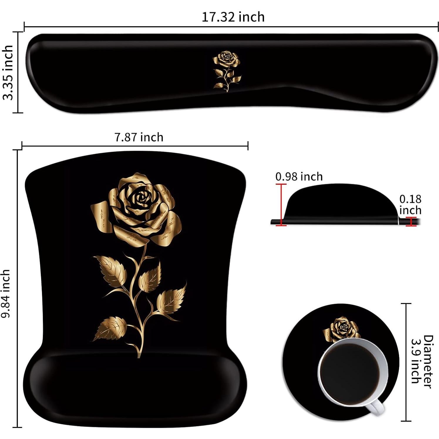 Keyboard Wrist Rest and Mouse Wrist Rest Pad Plus a Matching Coasters, Ergonomic Mousepad, Easy Typing and Relieve Wrist Pain for Computer, Laptop, Office, Gaming, Gold Rose