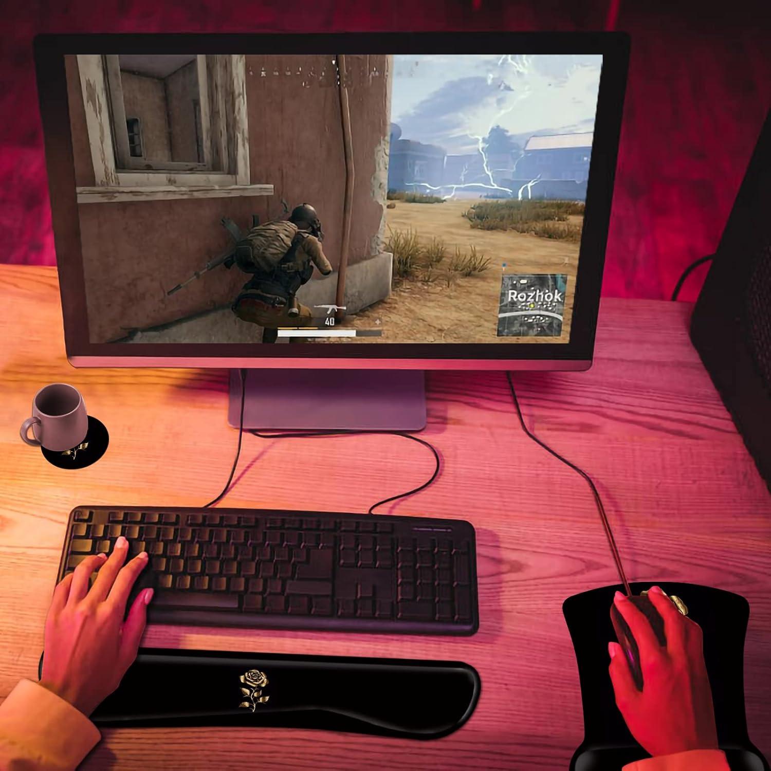 Keyboard Wrist Rest and Mouse Wrist Rest Pad Plus a Matching Coasters, Ergonomic Mousepad, Easy Typing and Relieve Wrist Pain for Computer, Laptop, Office, Gaming, Gold Rose