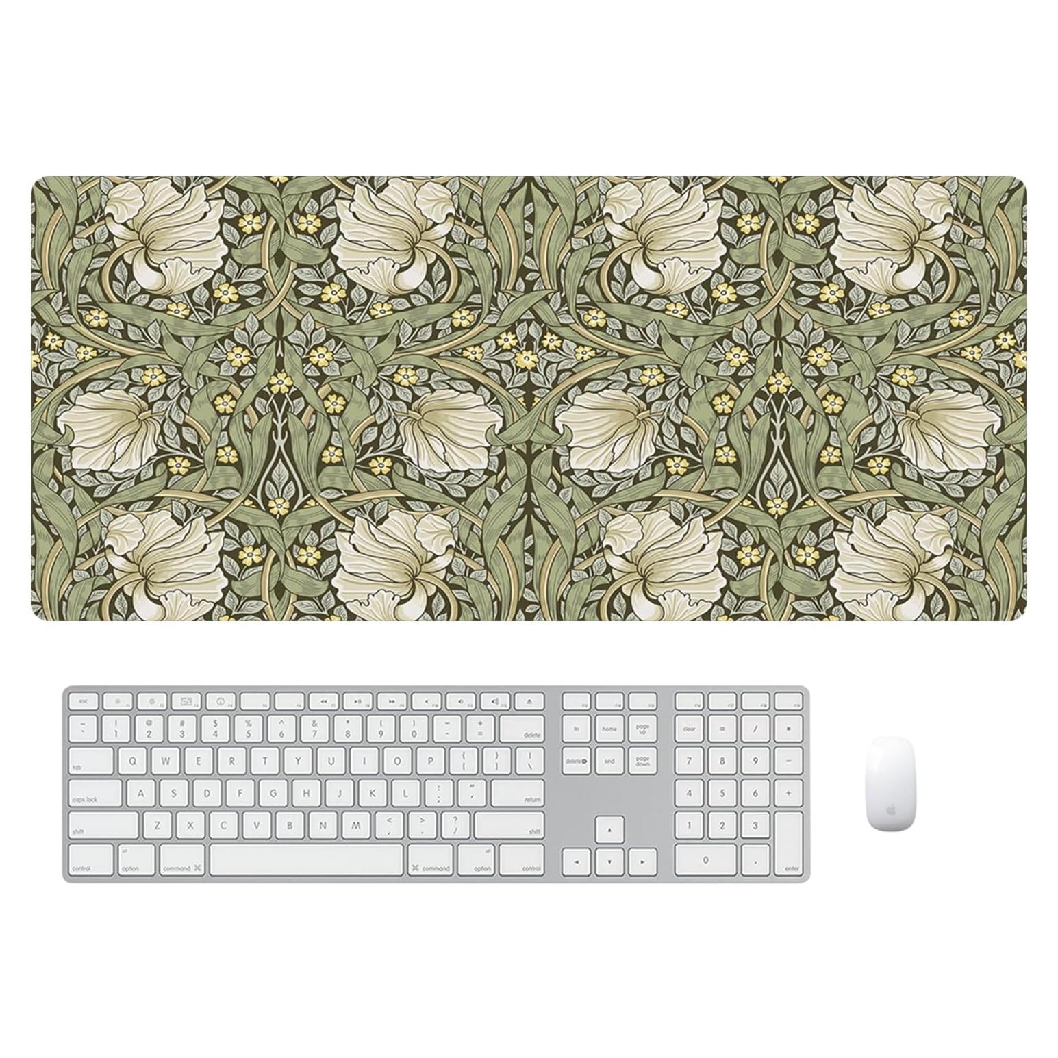 William Morris Floral Mouse Pad,Vintage Floral Computer Desk Mat,XL Gaming Mousepad 31.5x15.7in,Desk Mat for Desktop with Non-Slip Rubber Base,Sage Green/Yellow Keyboard Mat for Office Table Decor