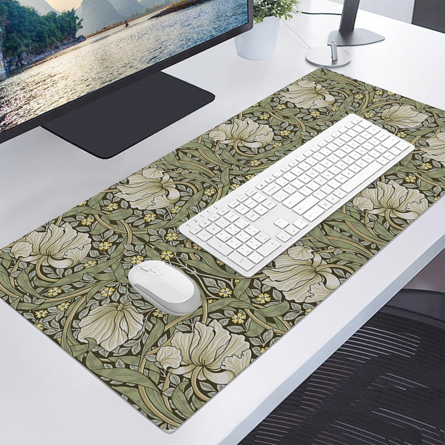 William Morris Floral Mouse Pad,Vintage Floral Computer Desk Mat,XL Gaming Mousepad 31.5x15.7in,Desk Mat for Desktop with Non-Slip Rubber Base,Sage Green/Yellow Keyboard Mat for Office Table Decor