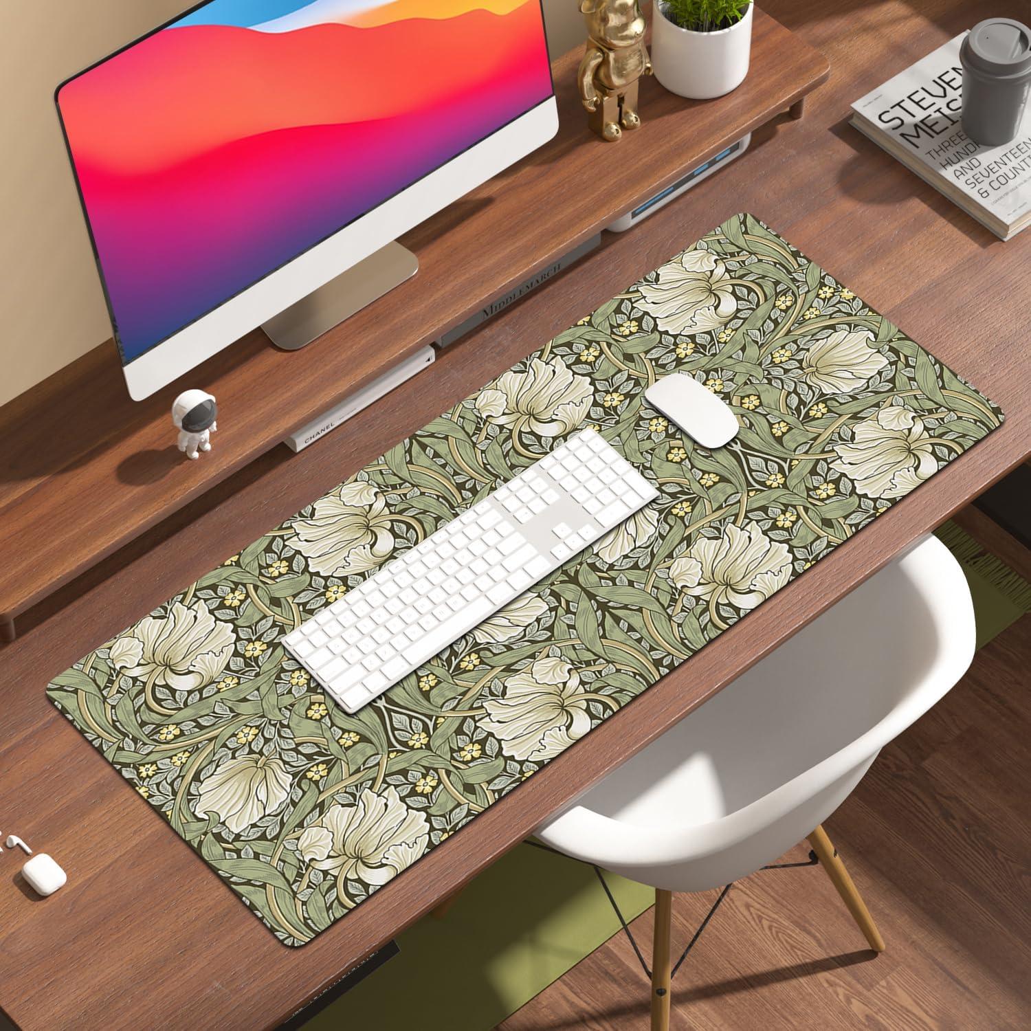 William Morris Floral Mouse Pad,Vintage Floral Computer Desk Mat,XL Gaming Mousepad 31.5x15.7in,Desk Mat for Desktop with Non-Slip Rubber Base,Sage Green/Yellow Keyboard Mat for Office Table Decor