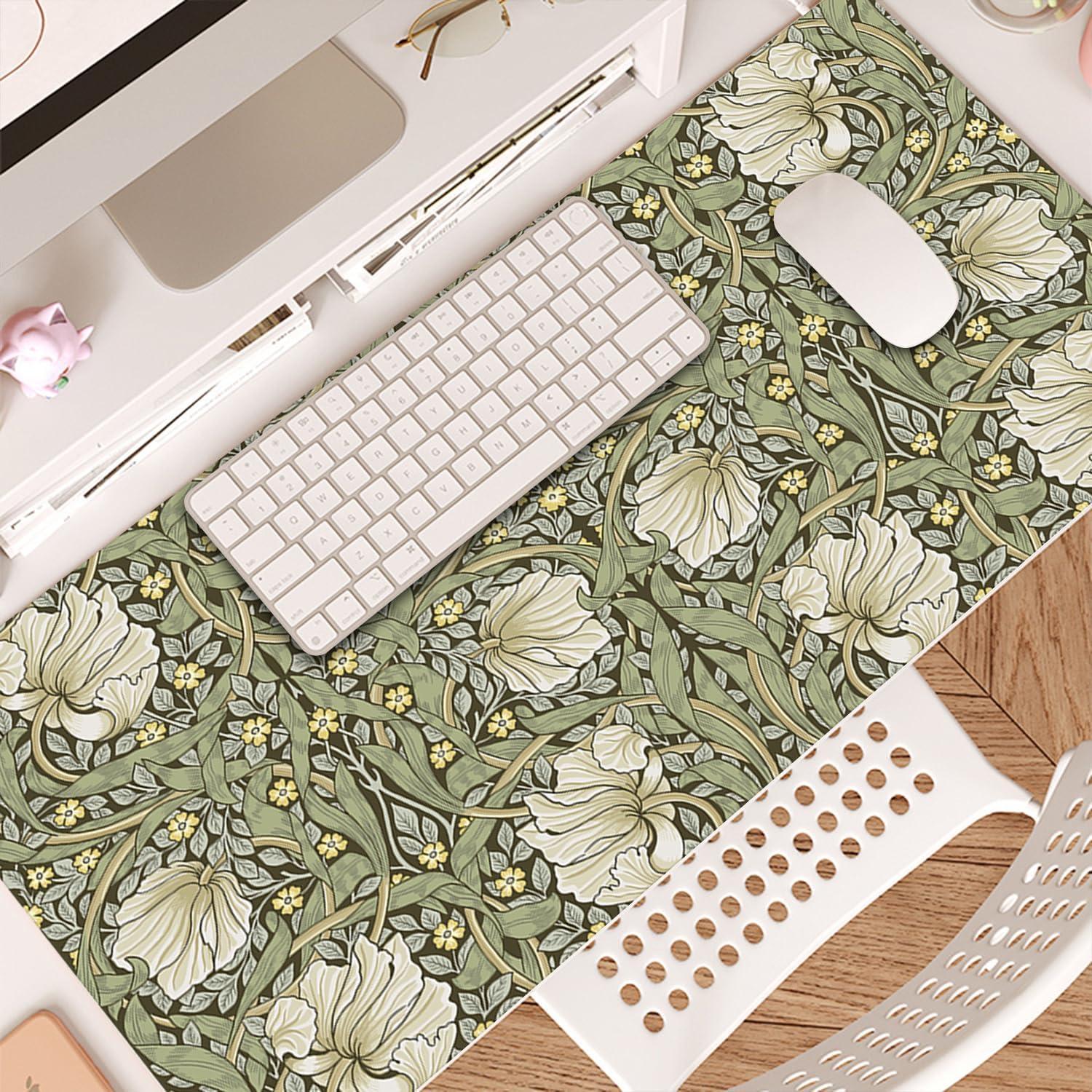 William Morris Floral Mouse Pad,Vintage Floral Computer Desk Mat,XL Gaming Mousepad 31.5x15.7in,Desk Mat for Desktop with Non-Slip Rubber Base,Sage Green/Yellow Keyboard Mat for Office Table Decor