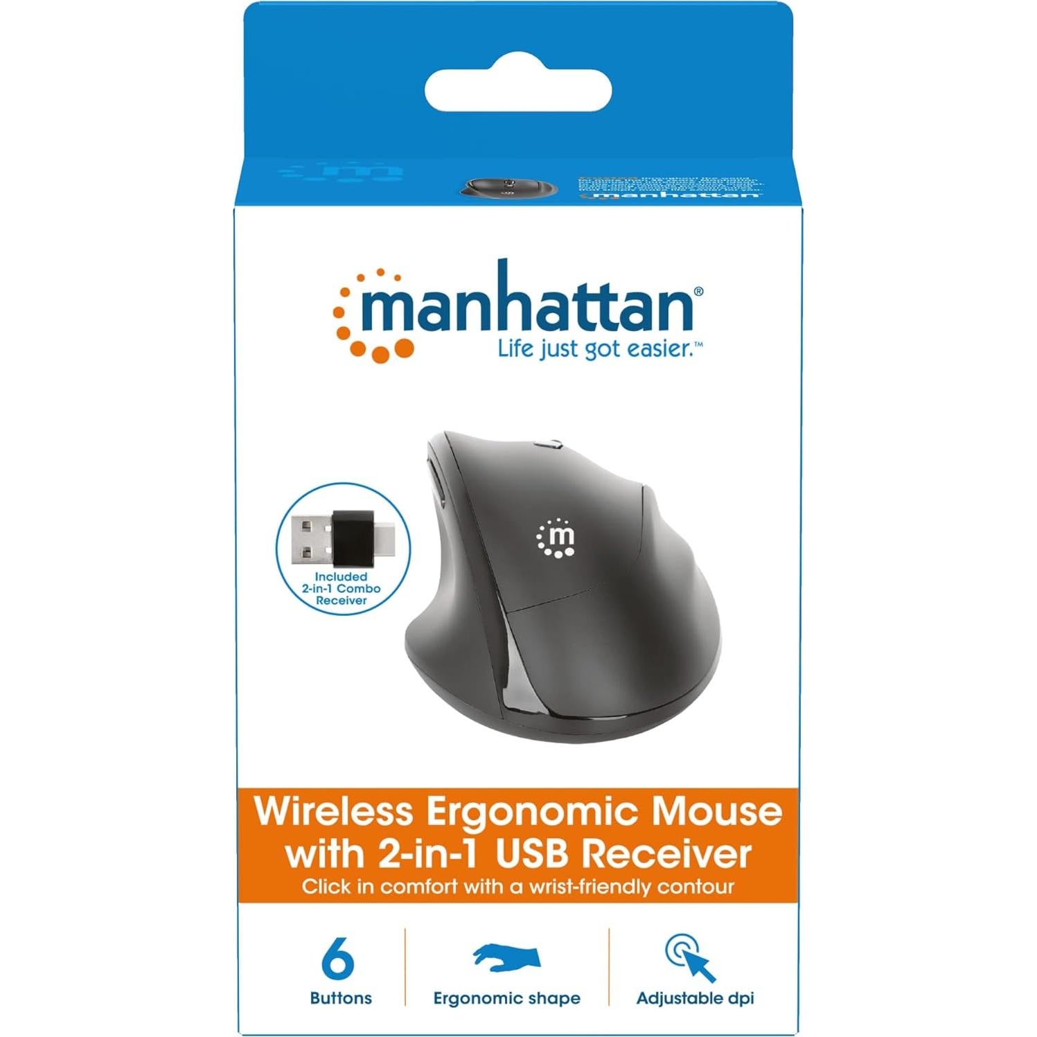Ratón Ergonómico Inalámbrico Manhattan 2.4GHz 800/1600 dpi