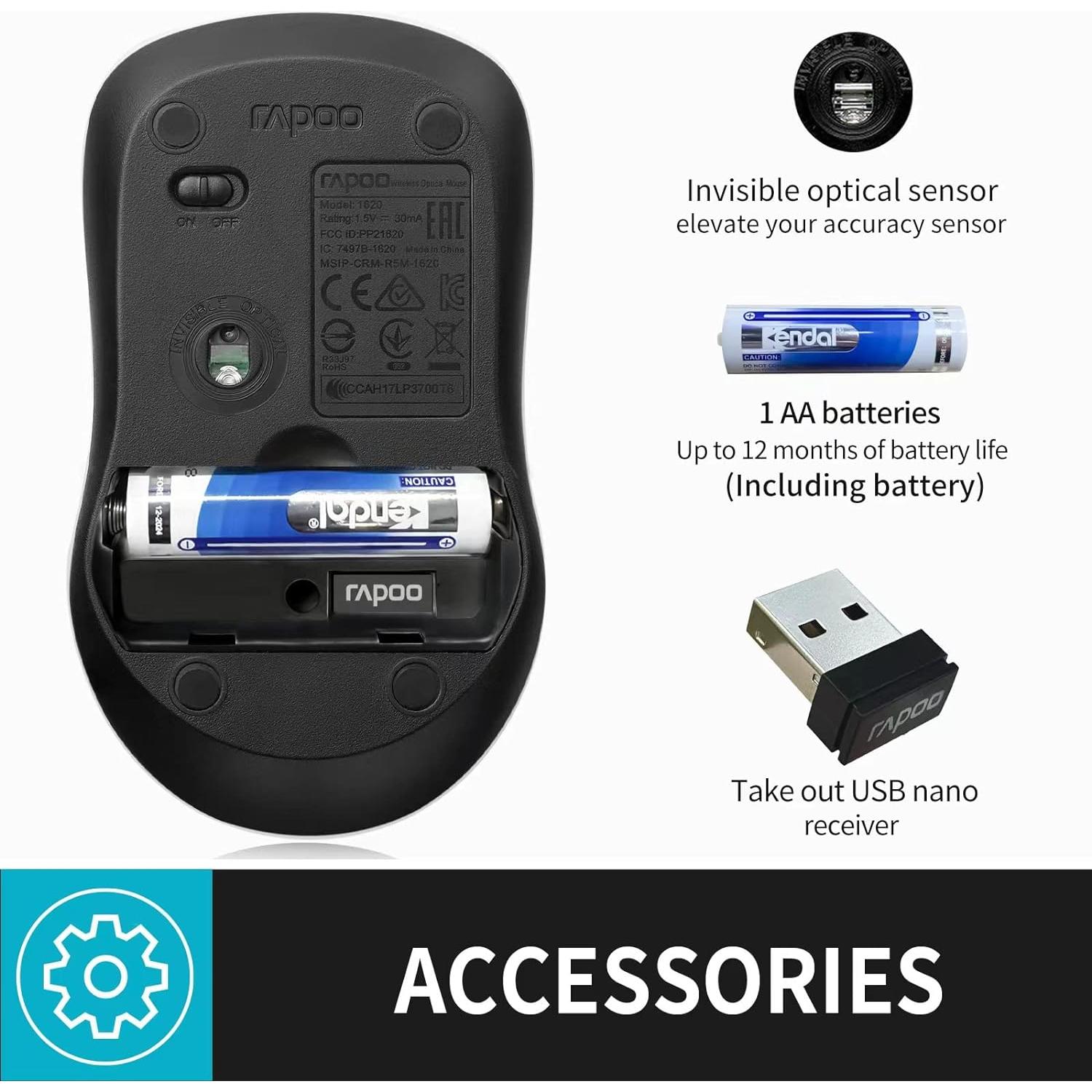 Ratón Inalámbrico Silencioso Rapoo 1680, 1000 DPI, Negro