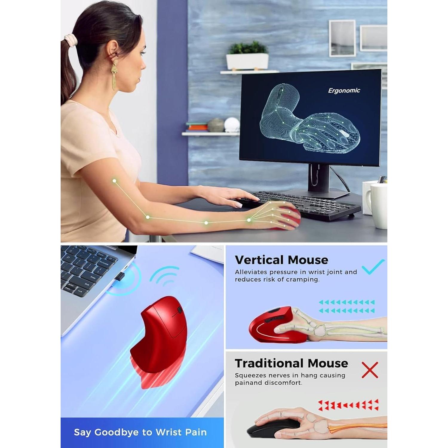 Ratón Vertical Inalámbrico Ergonómico BeWishes Rojo 800-1600 DPI