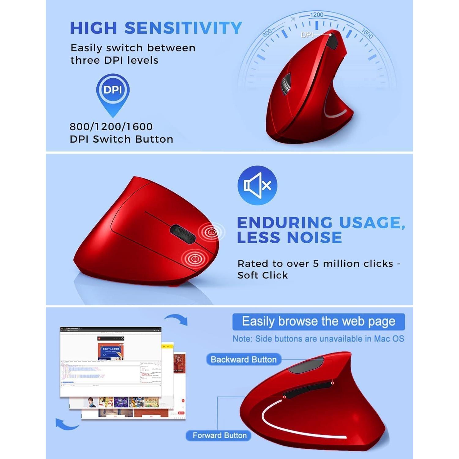 Ratón Vertical Inalámbrico Ergonómico BeWishes Rojo 800-1600 DPI