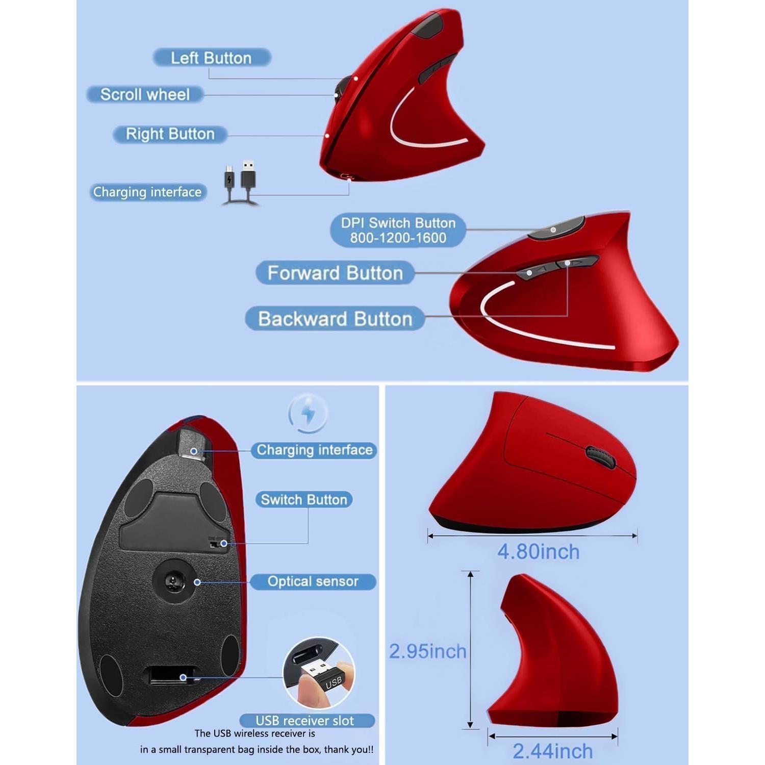 Ratón Vertical Inalámbrico Ergonómico BeWishes Rojo 800-1600 DPI