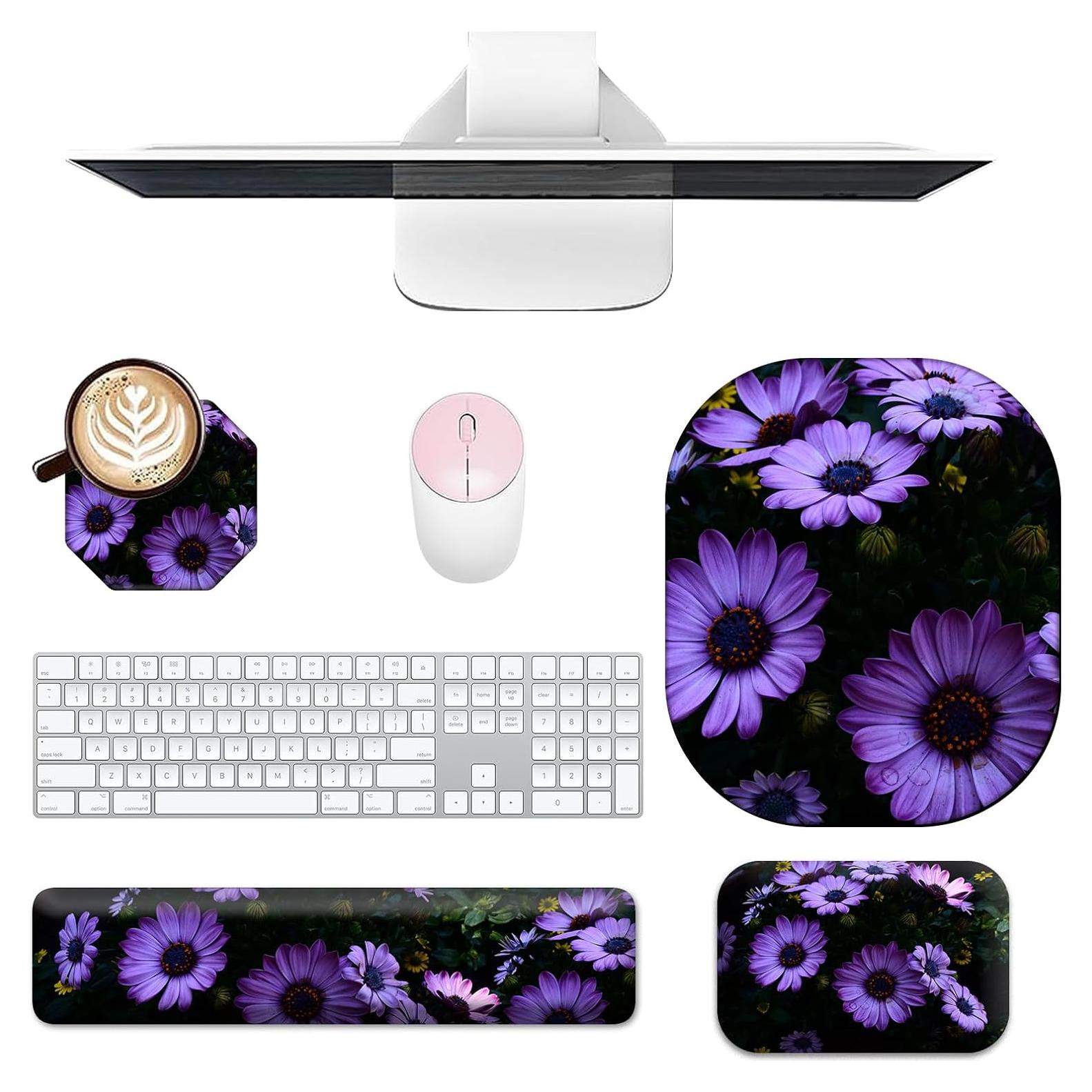 Juego de Reposamuñecas Ergonómico EDGFRTOIO 4 Piezas Flores Moradas