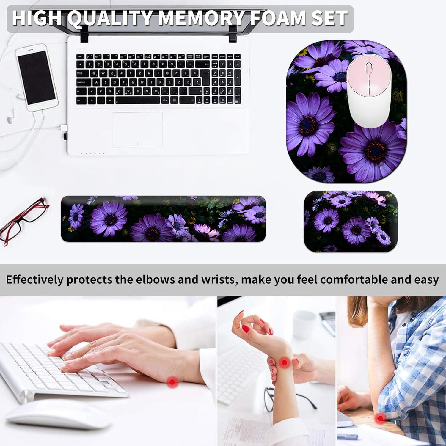 Juego de Reposamuñecas Ergonómico EDGFRTOIO 4 Piezas Flores Moradas