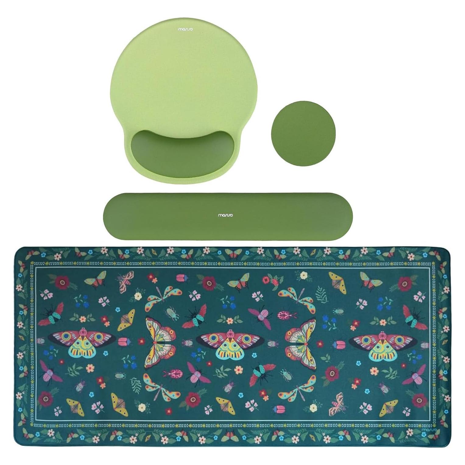 MOSISO Wrist Rest Support for Mouse Pad&Keyboard Set, Large Gaming Mouse Pad &Coaster, Circle Curved Ergonomic Mousepad Non-Slip Base&Stitched Edges Desk Pad, Olive Green&Vintage Butterfly&Insect