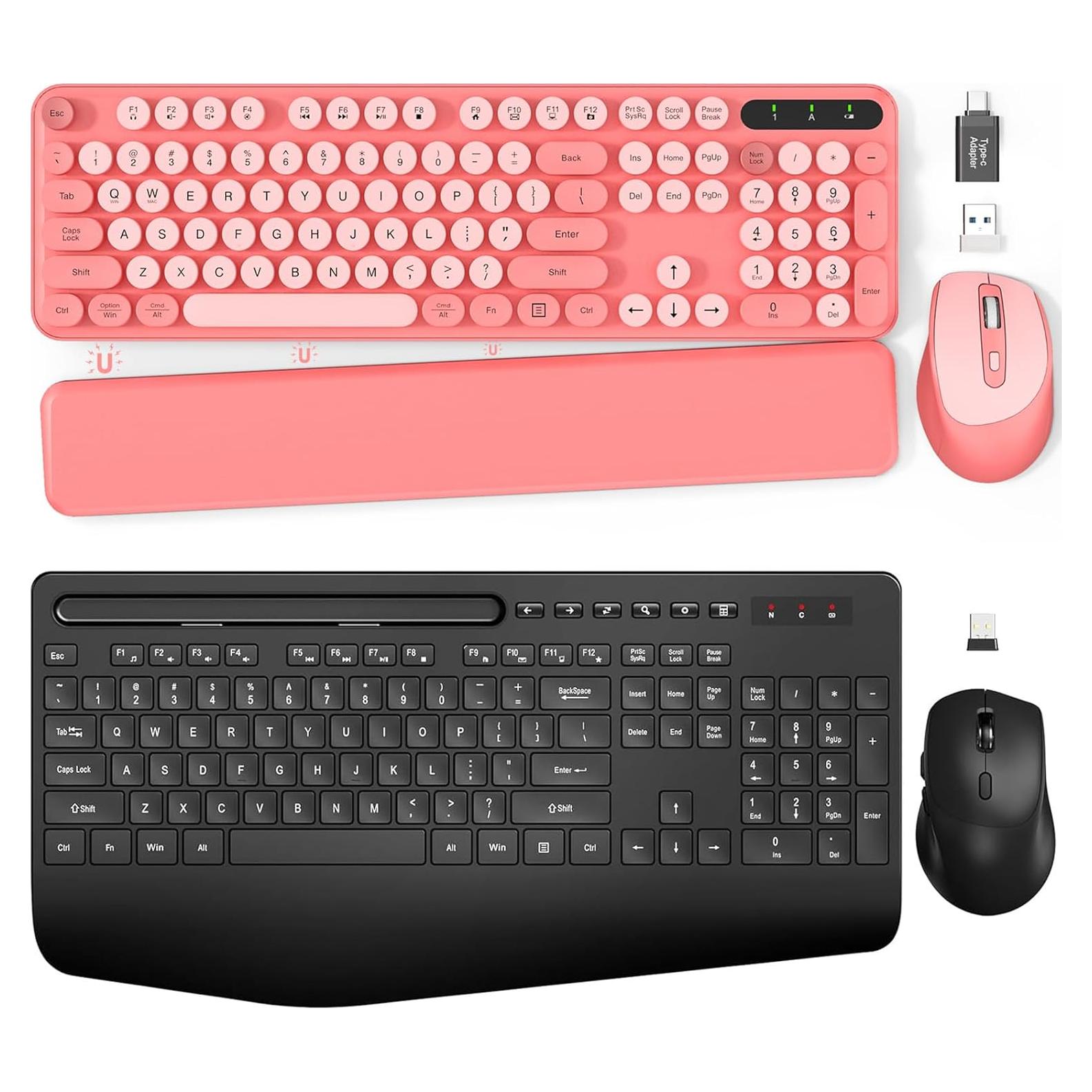 Trueque 2 Pack Backlit Wireless Full-Sized Ergonomic Keyboard and Mouse Combo - Retro Round Keycaps, Foldable Legs, 2.4GHz for PC, Laptop, Windows