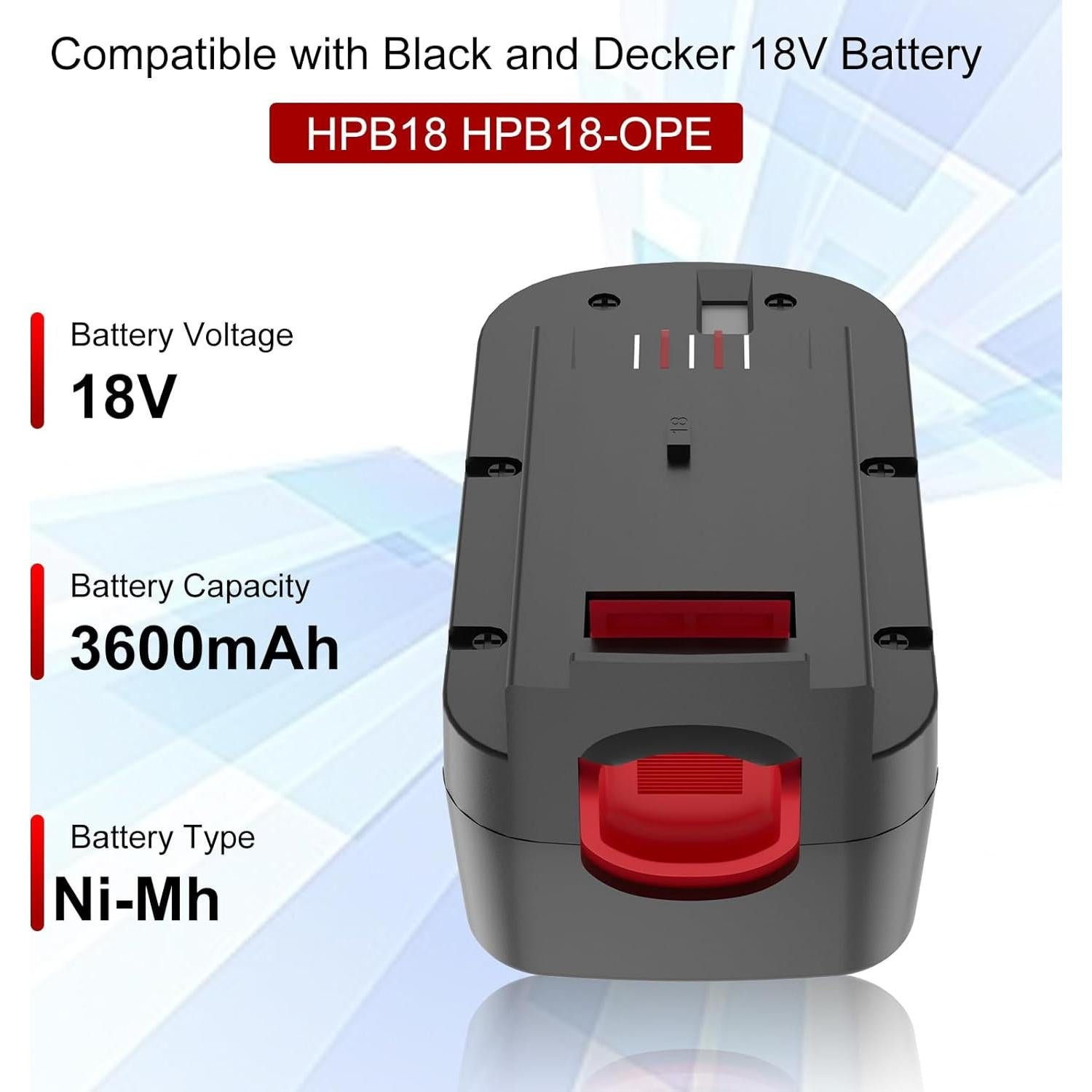 Paquete de 2 Baterías Ni-Mh 3600mAh para Black & Decker 18V