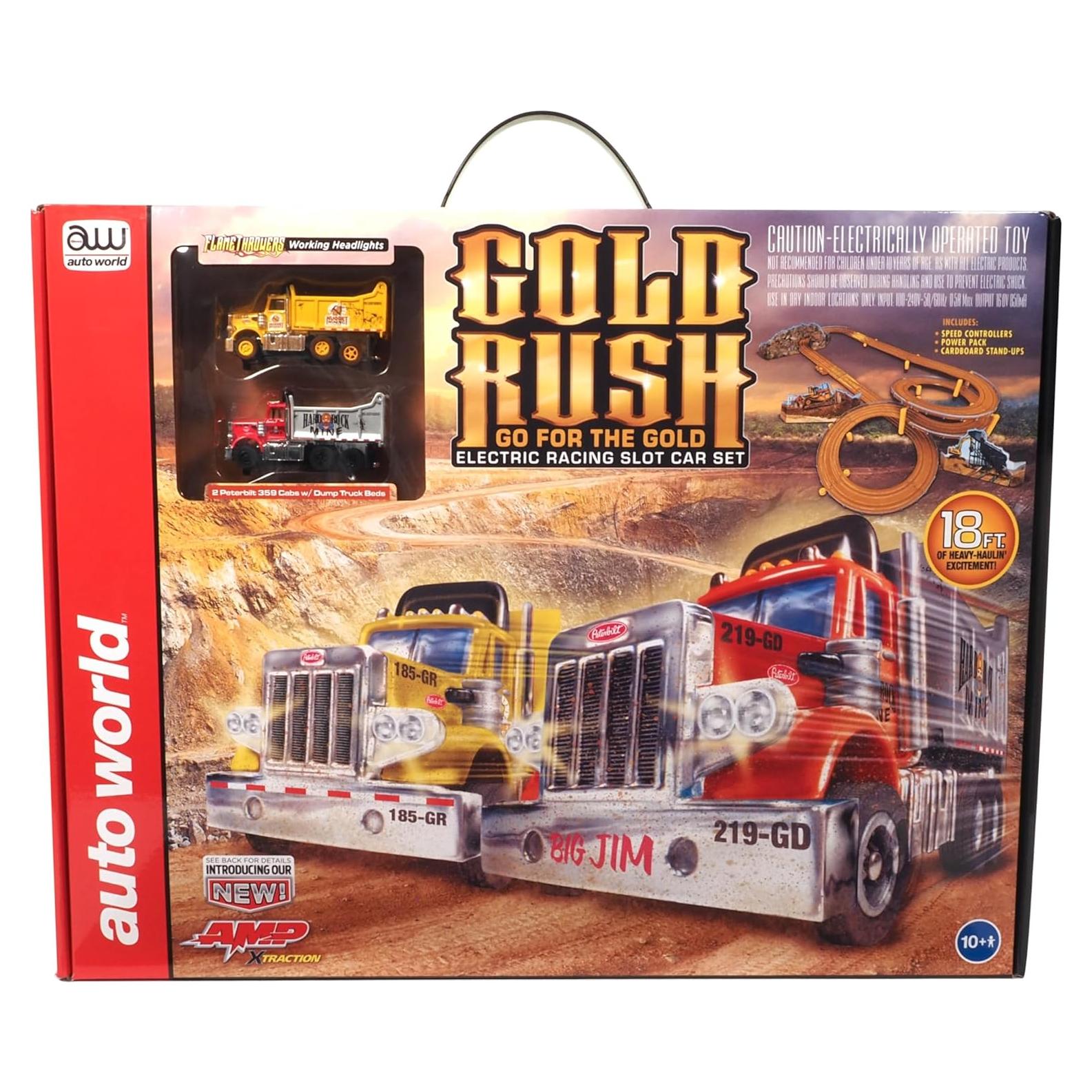 Auto World 18' Gold Rush Go for The Gold Slot Race Set HO Scale with AMP Xtraction Cars and Working Headlights