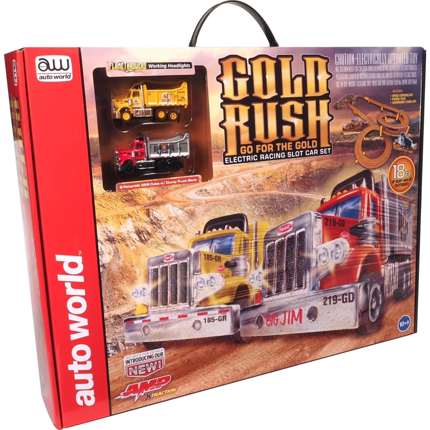 Auto World 18' Gold Rush Go for The Gold Slot Race Set HO Scale with AMP Xtraction Cars and Working Headlights